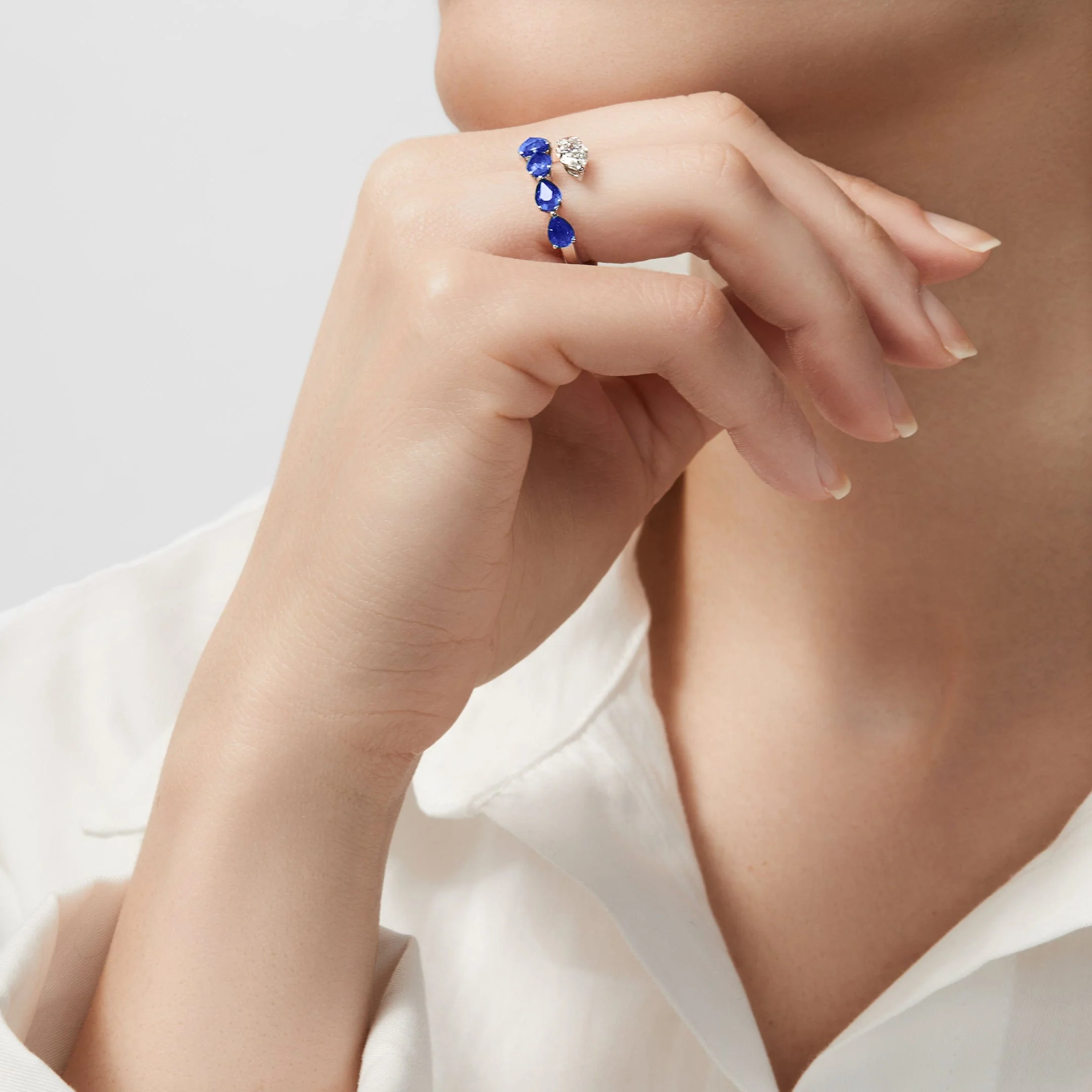 Diamond and Blue Sapphire Bypass Ring - Image 2