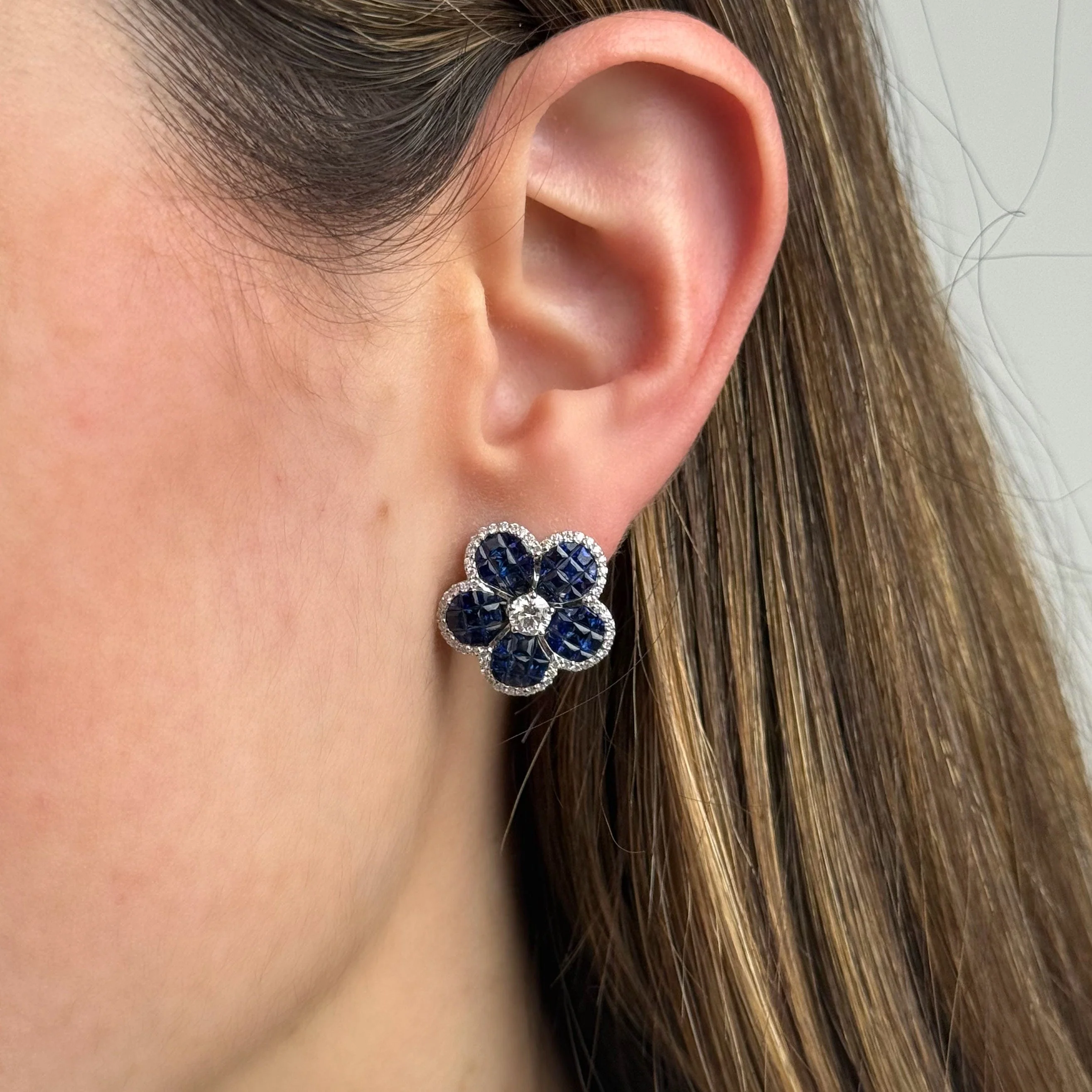 Blue Sapphire and Diamond Flower Earrings - Image 2