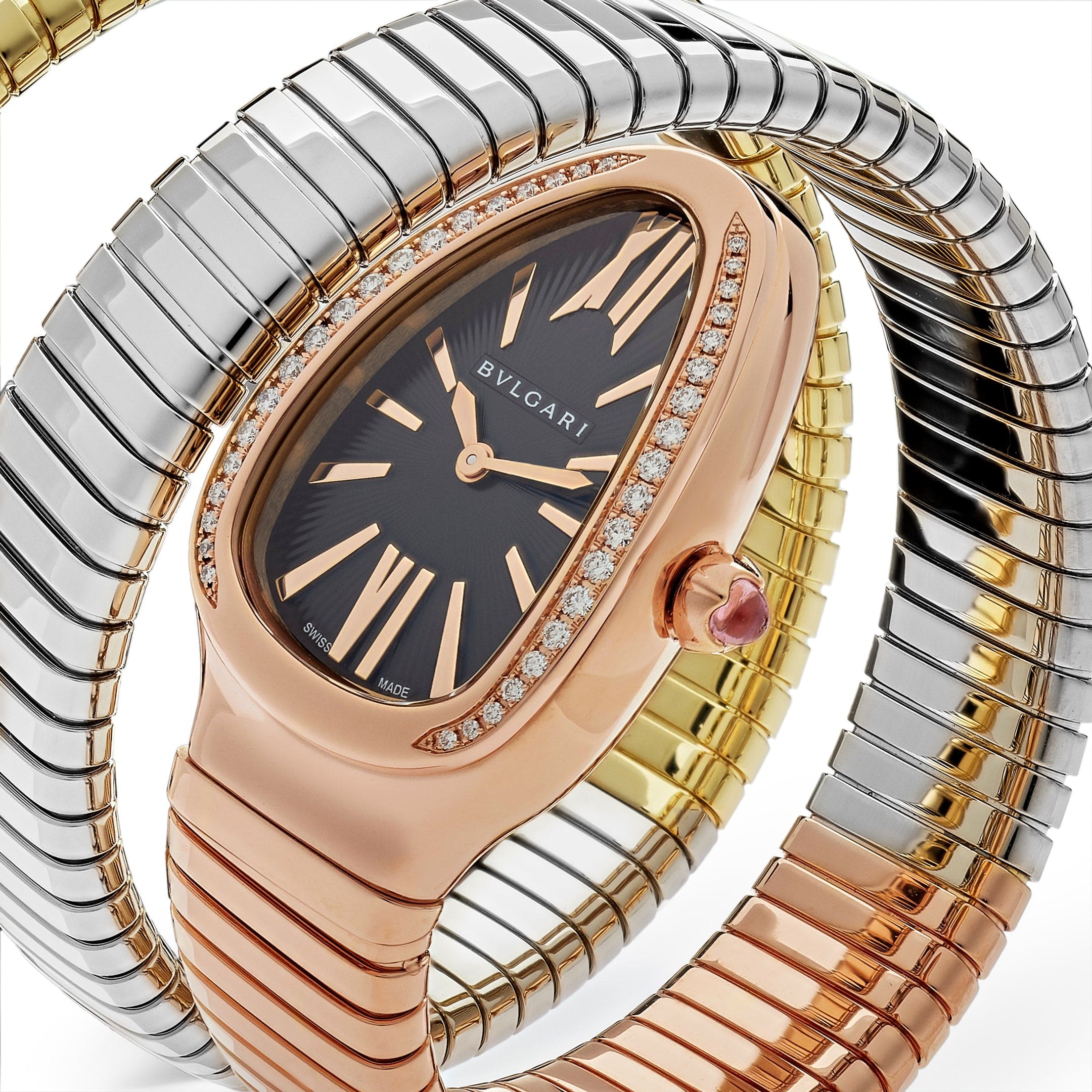 BVLGARI Serpenti Tubogas Watch 102948 Three-Tone Double Spiral Black Dial Diamond Bezel (2022) - Image 4