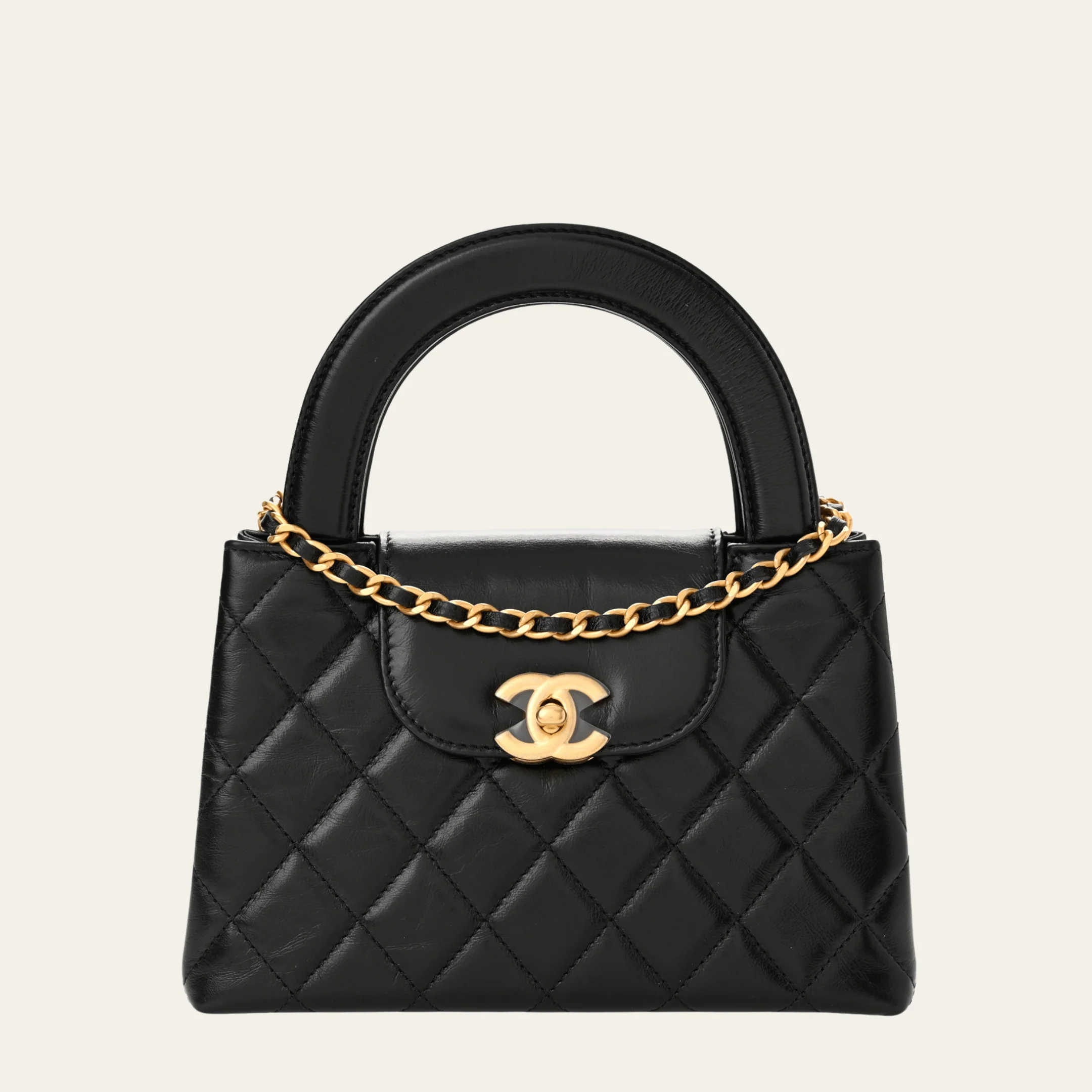 Chanel Nano Kelly Shopper Black Shiny Aged Quilted Calfskin Brushed Gold Hardware
