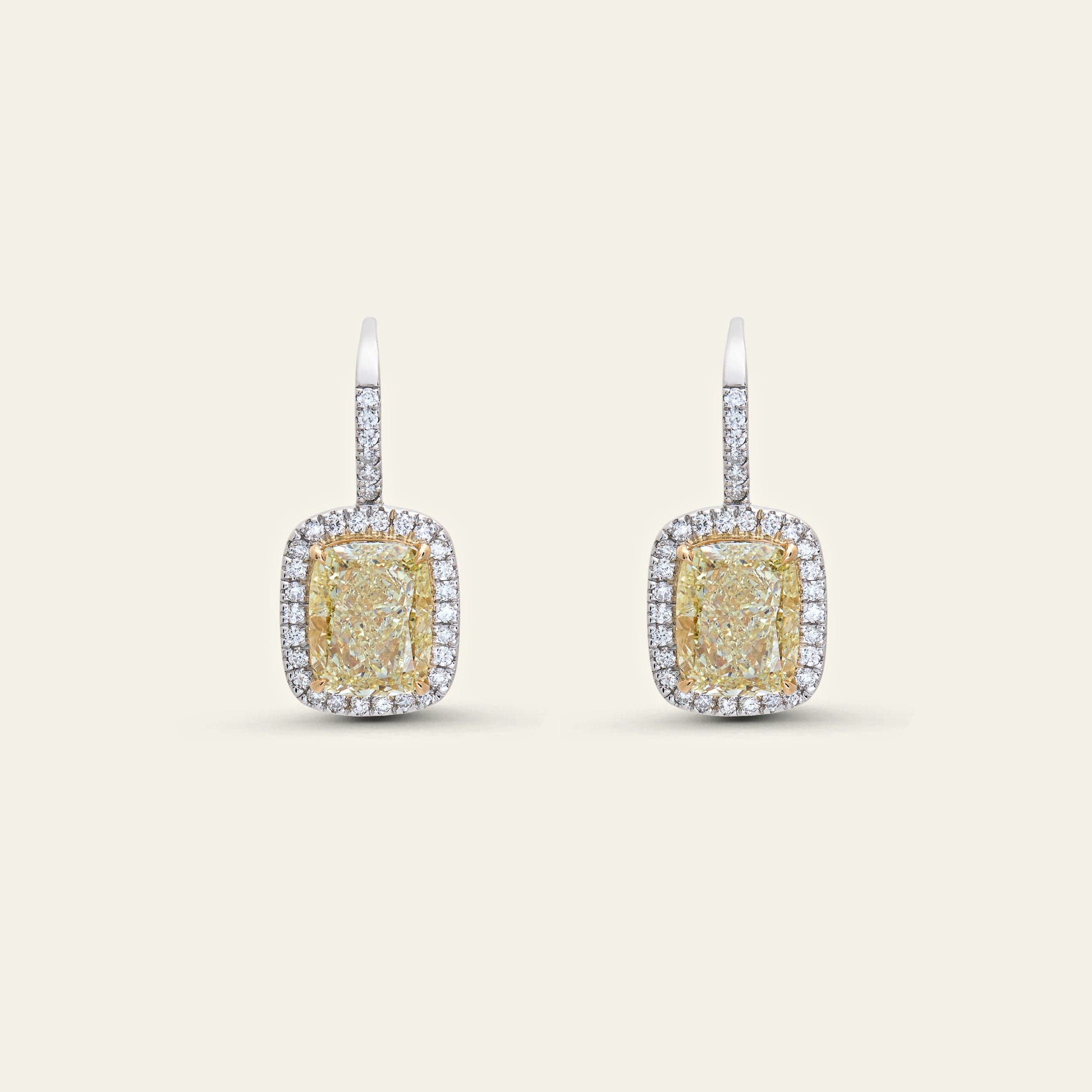 Cushion-Cut Fancy Yellow Diamond Earrings with Pave Halo