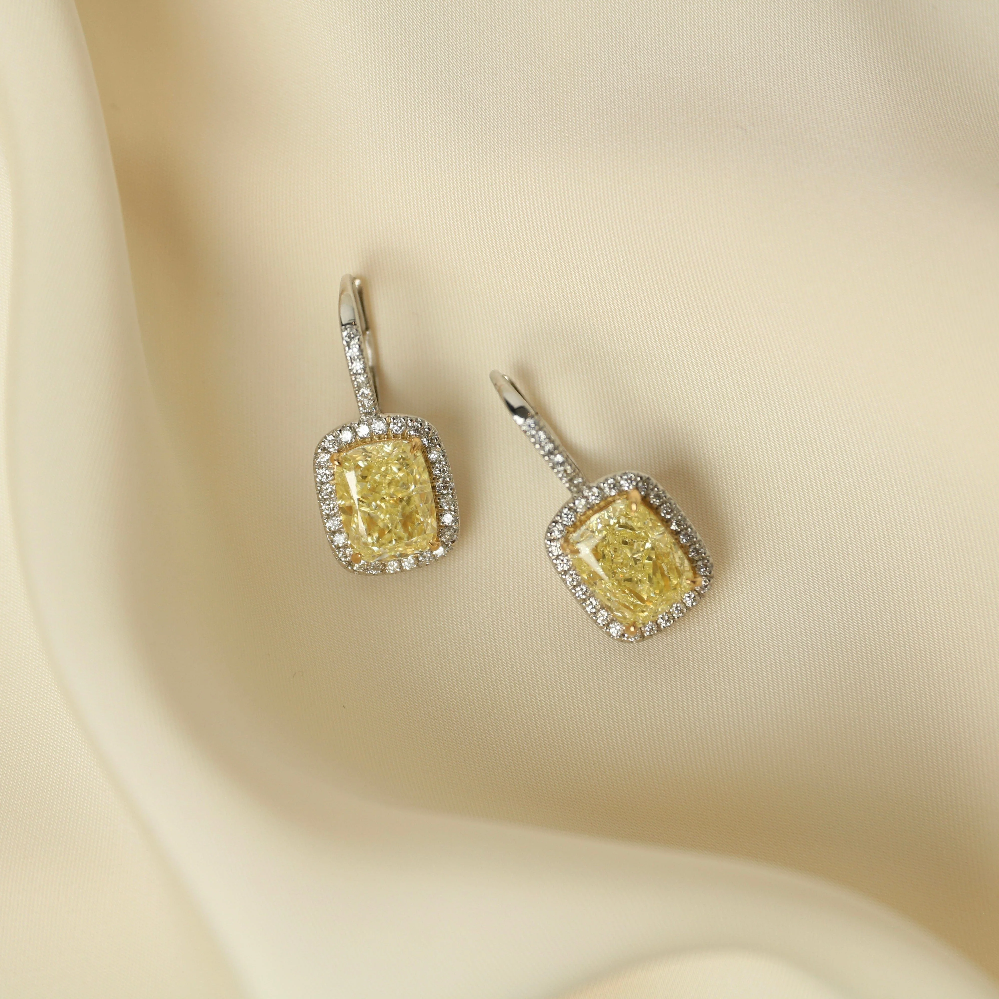Cushion-Cut Fancy Yellow Diamond Earrings with Pave Halo - Image 2