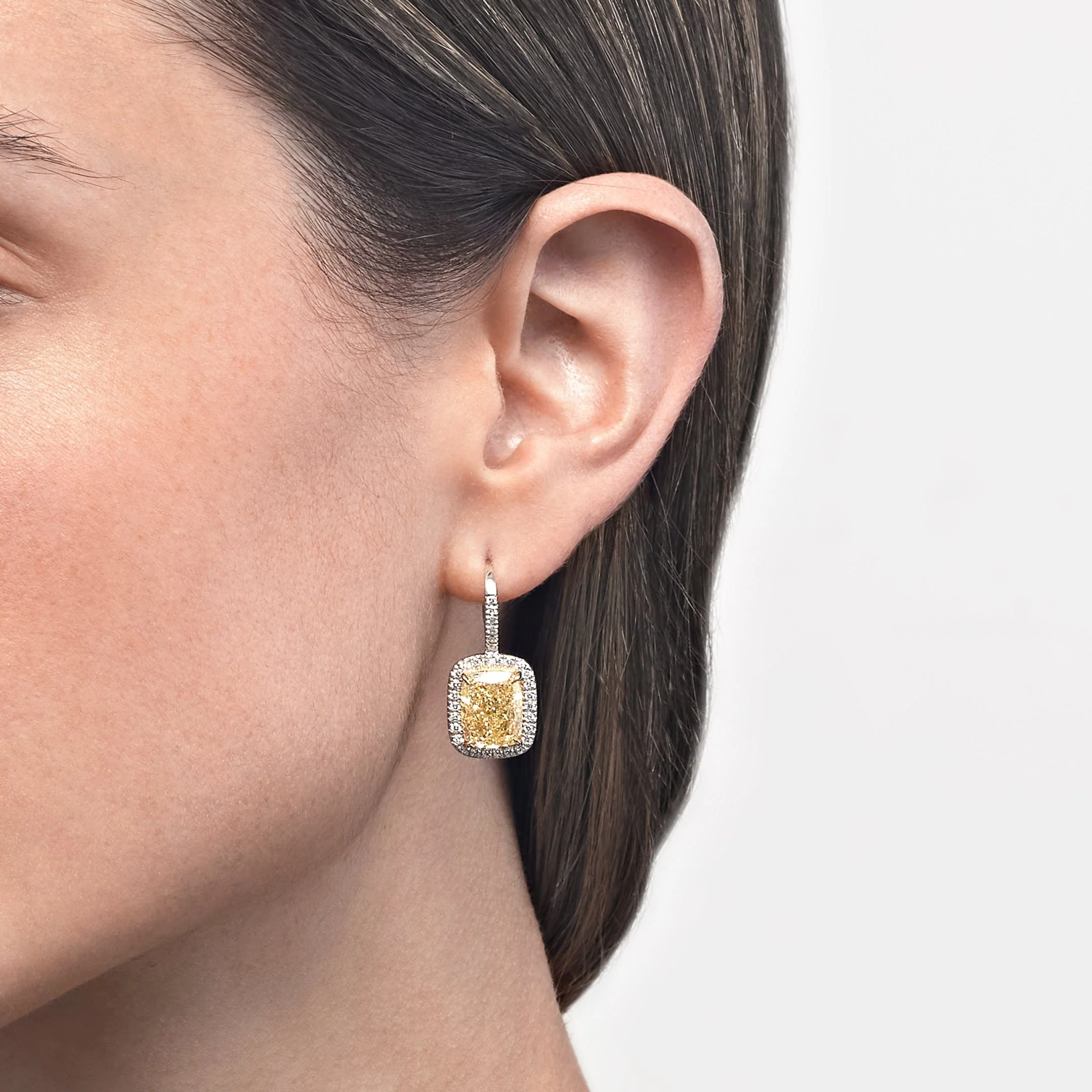Cushion-Cut Fancy Yellow Diamond Earrings with Pave Halo - Image 3