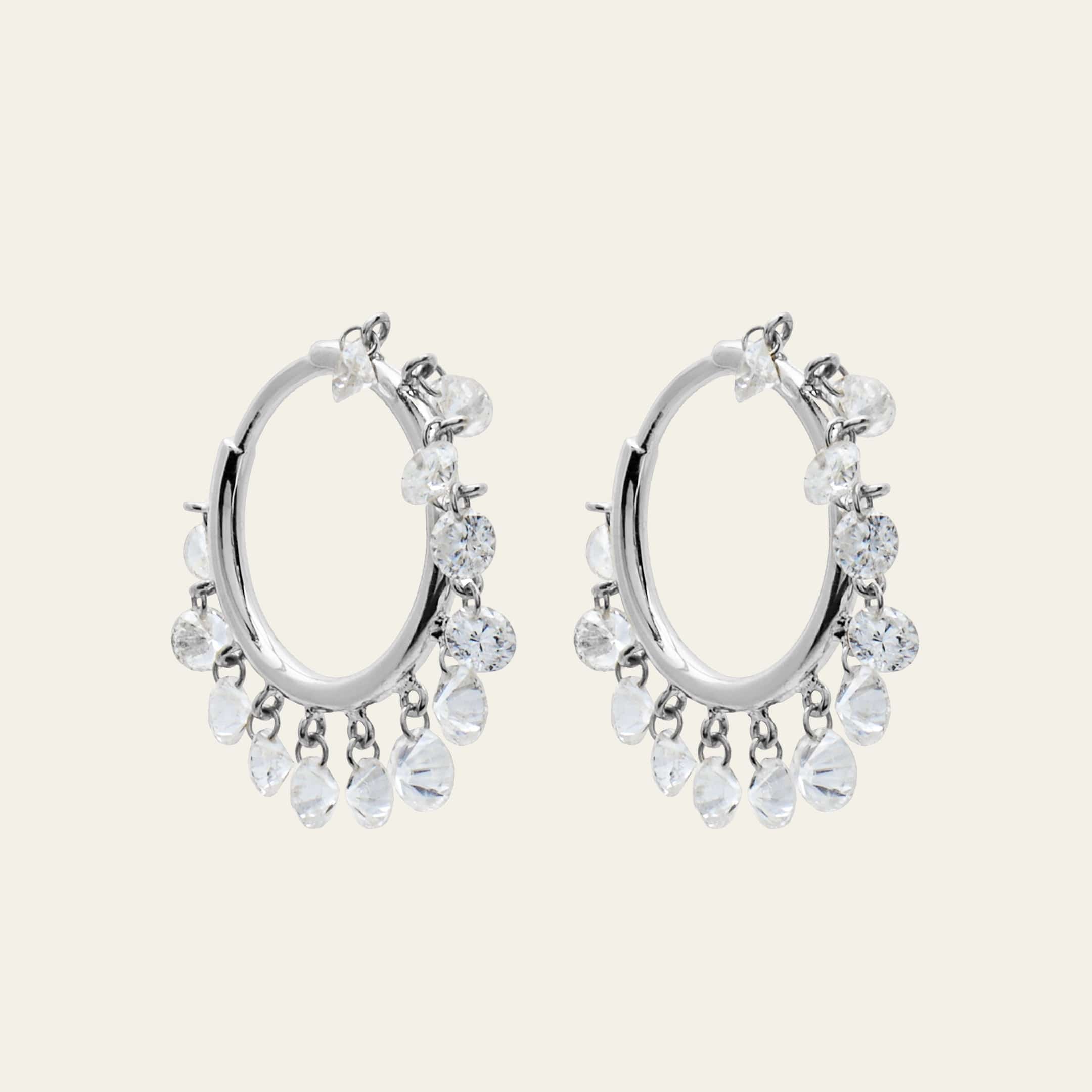 Dangling Rose-Cut Diamond White Gold Hoops