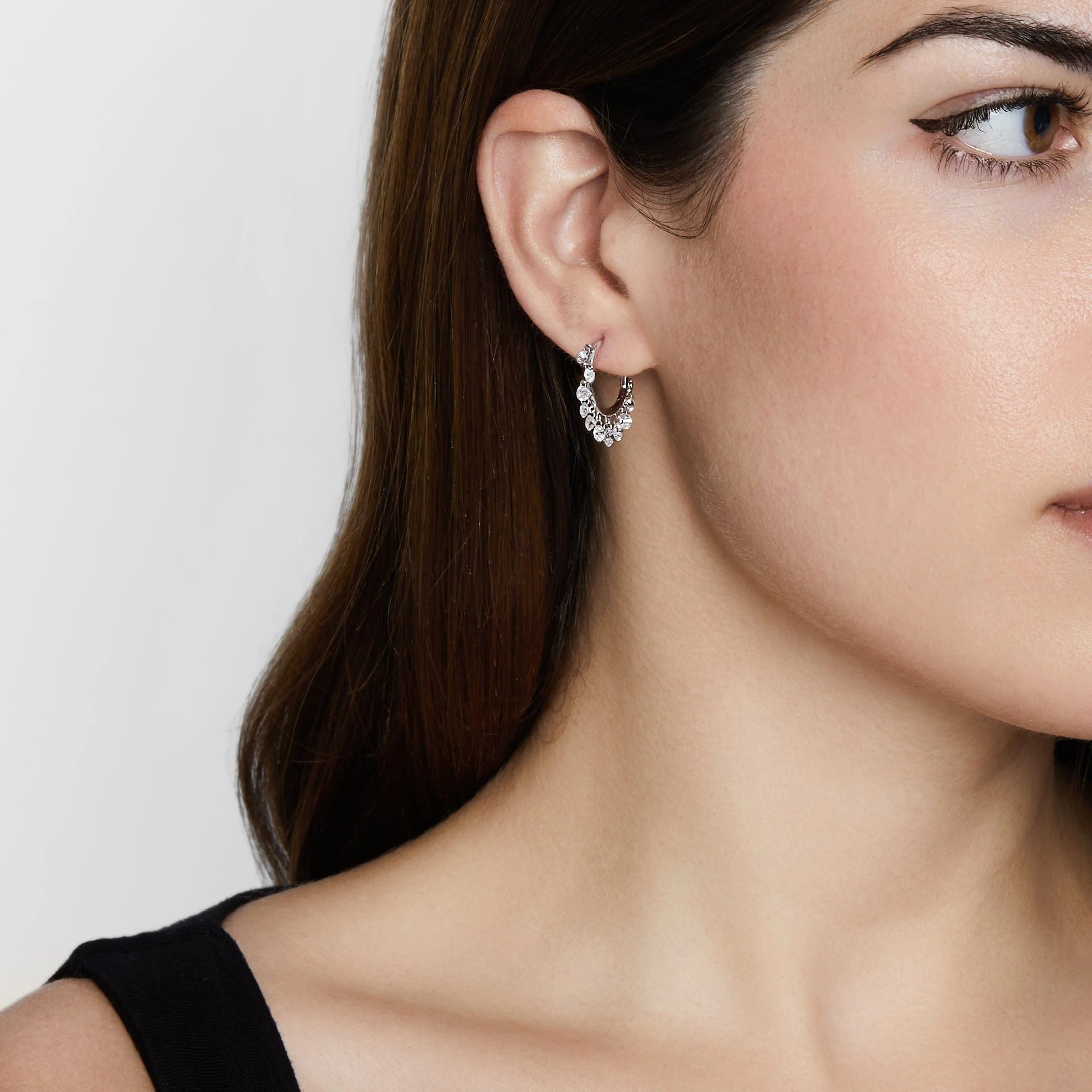 Dangling Rose-Cut Diamond White Gold Hoops - Image 2