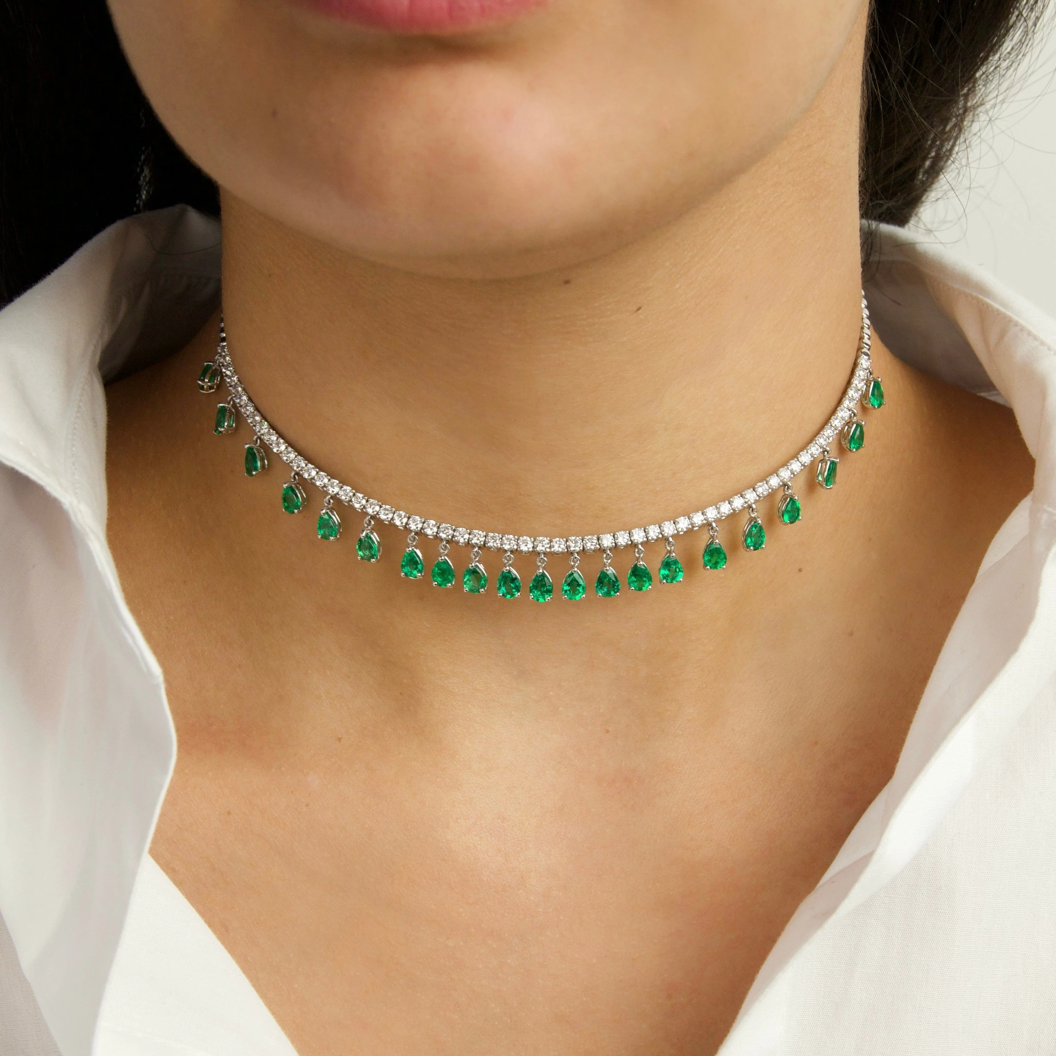 Diamond and Dangling Emerald Choker Necklace - Image 2