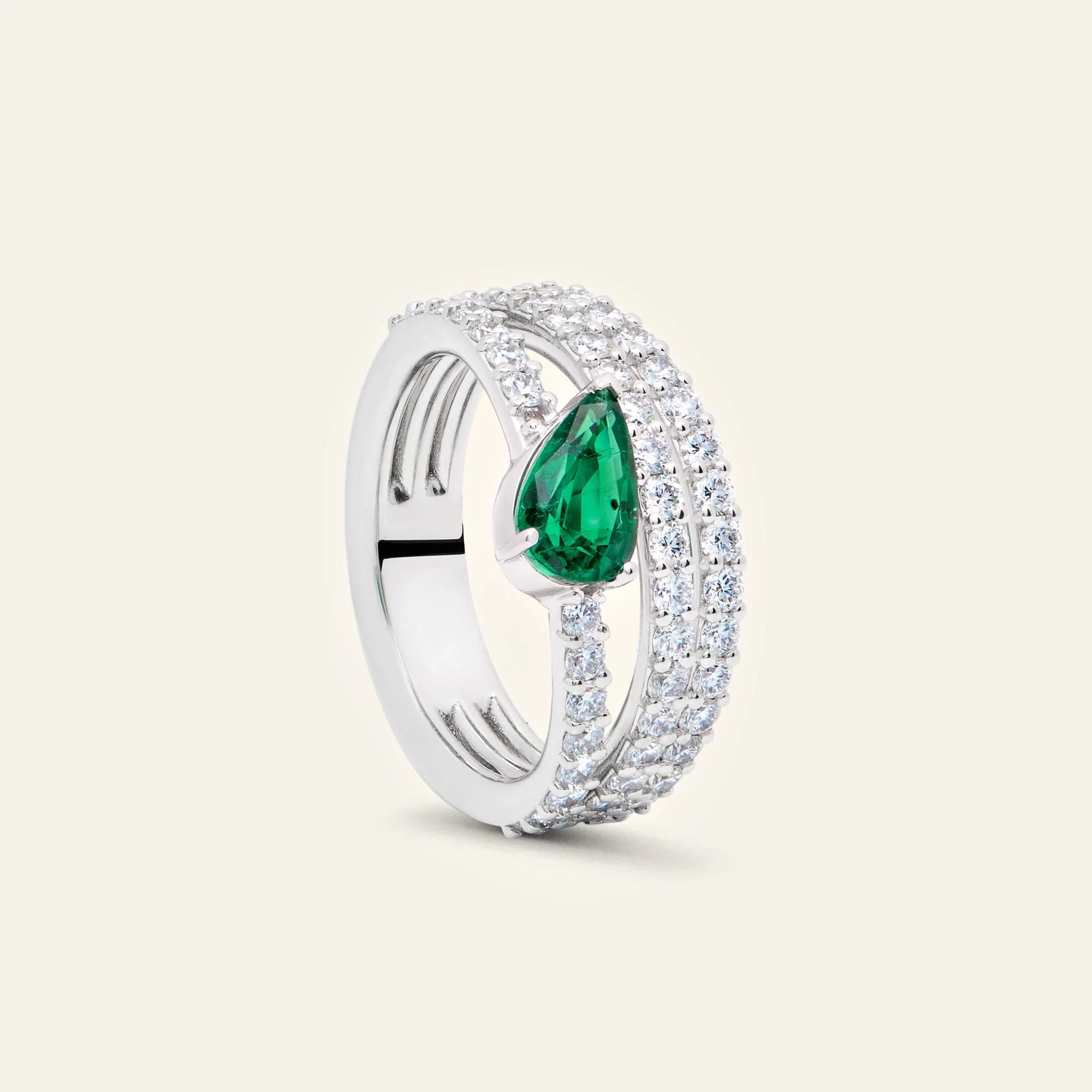 Diamond Ring With Pear-Shaped Emerald Accent