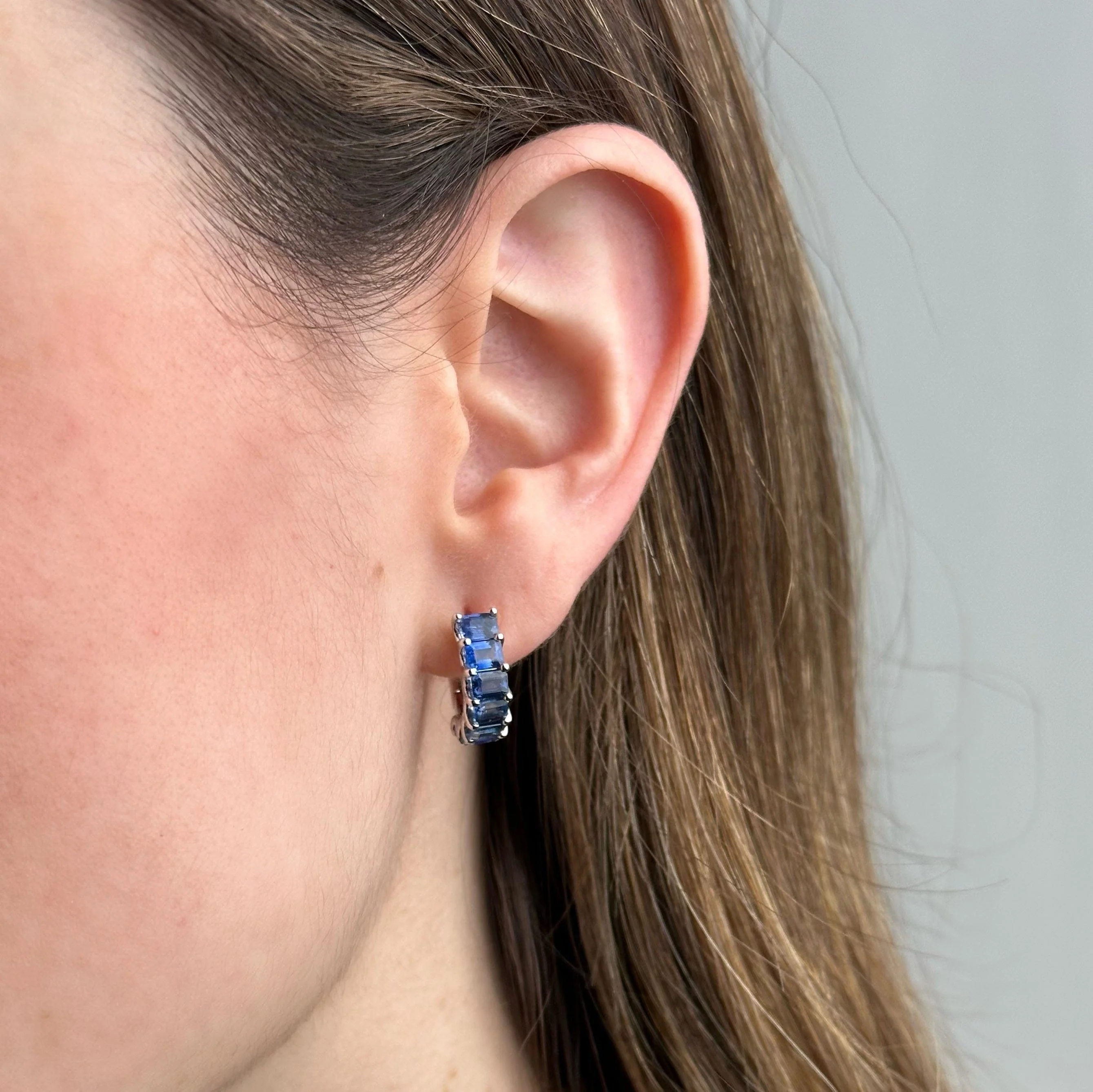 Emerald-Cut Blue Sapphire Hoop Earrings - Image 4