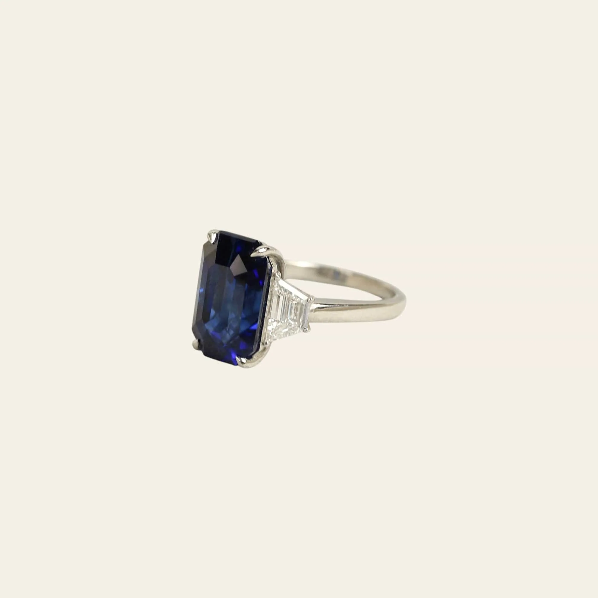 Emerald-Cut Sri Lankan Sapphire Platinum and Diamond Ring - Image 3