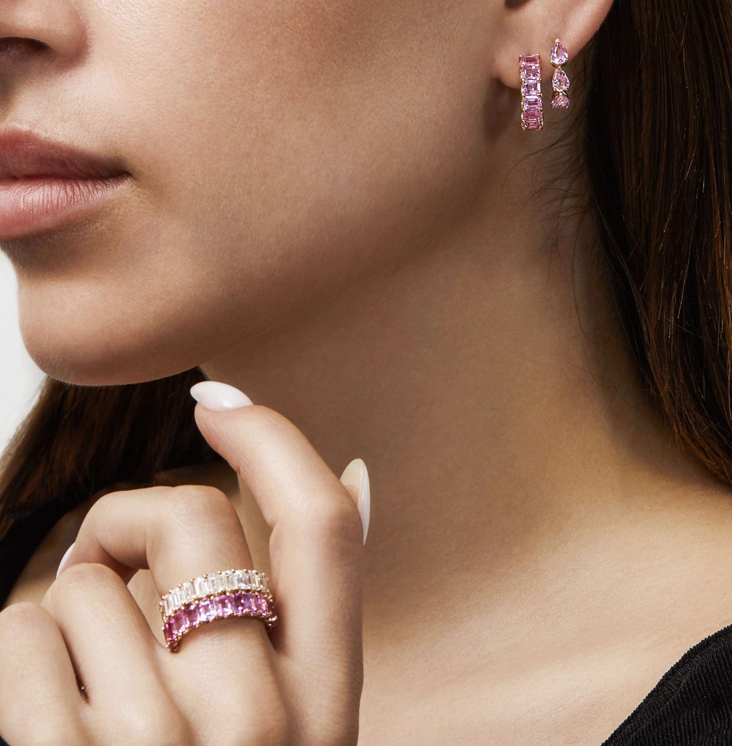 Emerald-Cut Pink Sapphire Hoop Earrings - Image 2