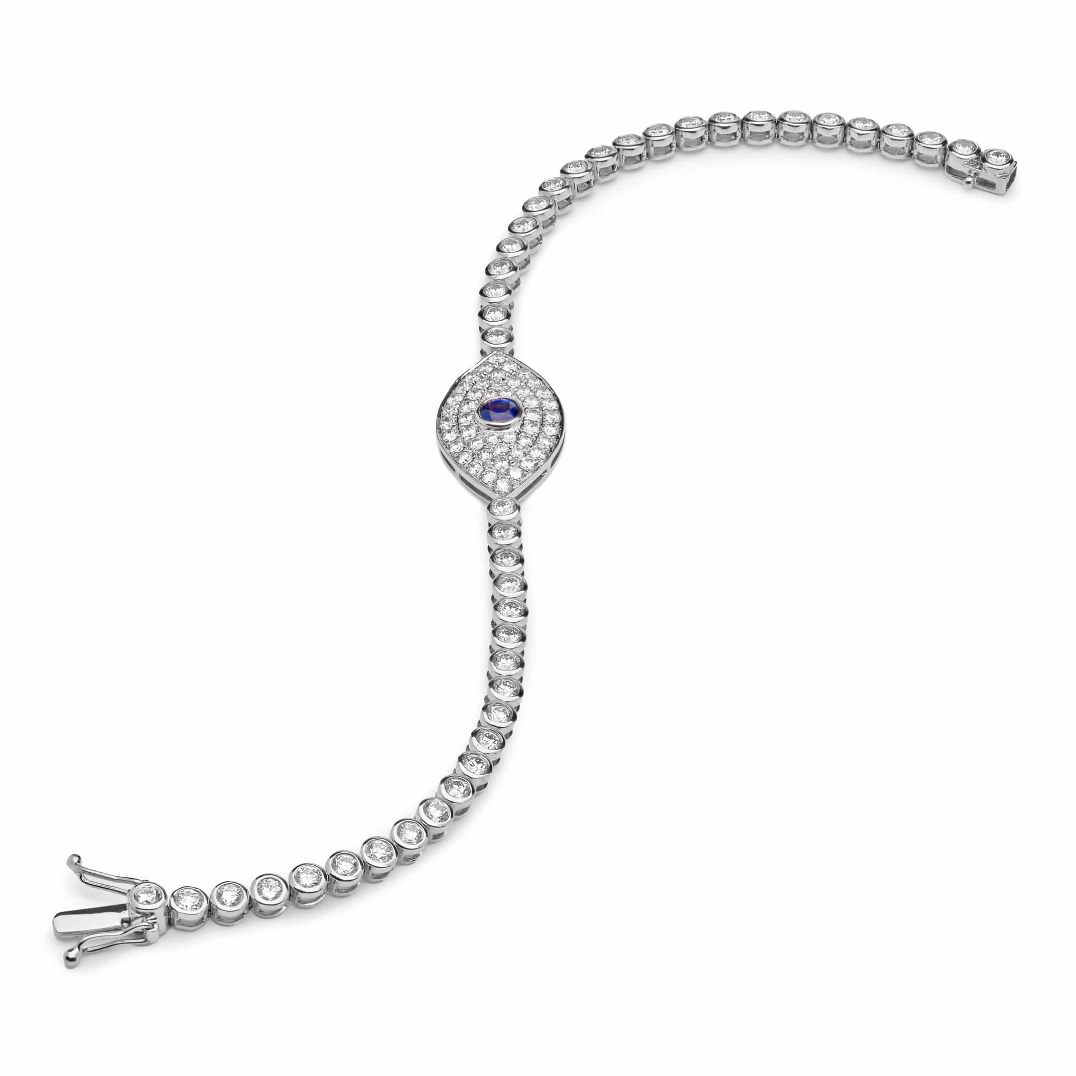 Evil Eye Blue Sapphire and White Diamond White Gold Bracelet - Image 3