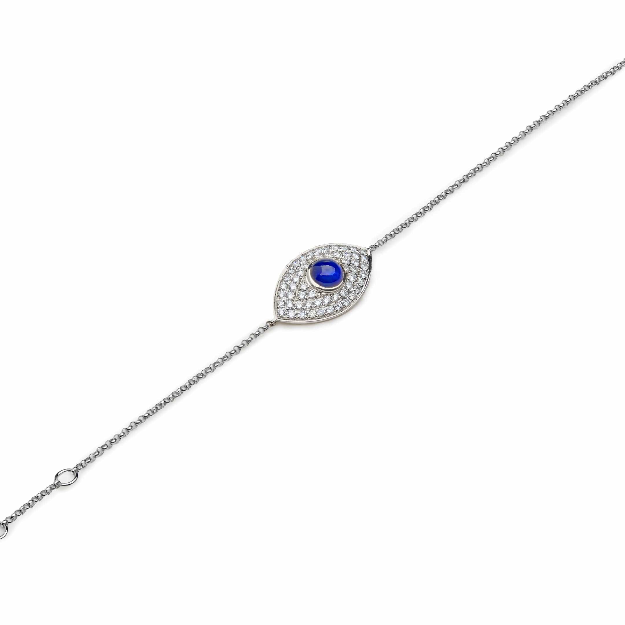 Evil Eye Pavé Set Blue Sapphire and Diamonds White Gold Chain Bracelet - Image 2