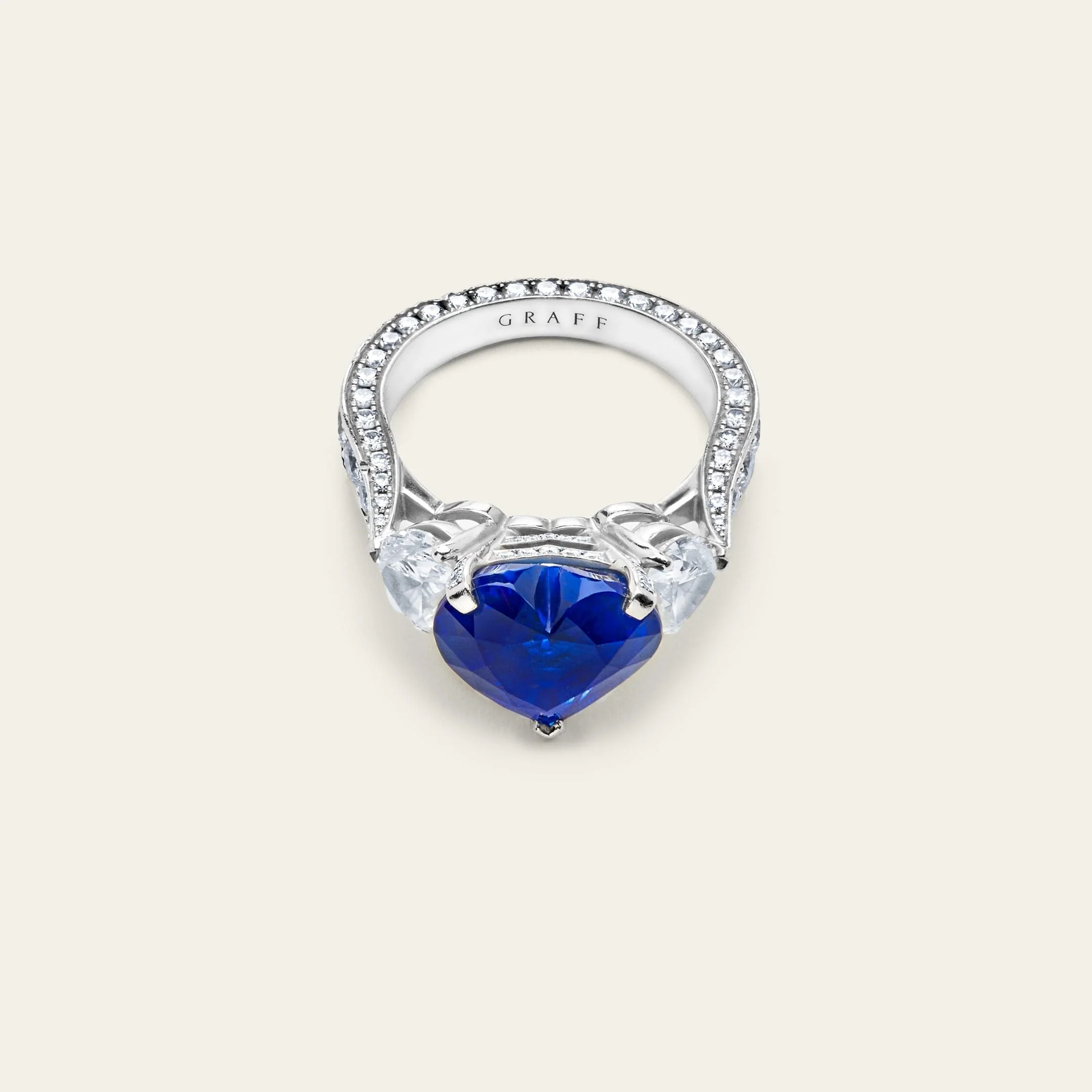 Graff Platinum Heart Shape Blue Sapphire and Diamond Promise Ring - Image 3