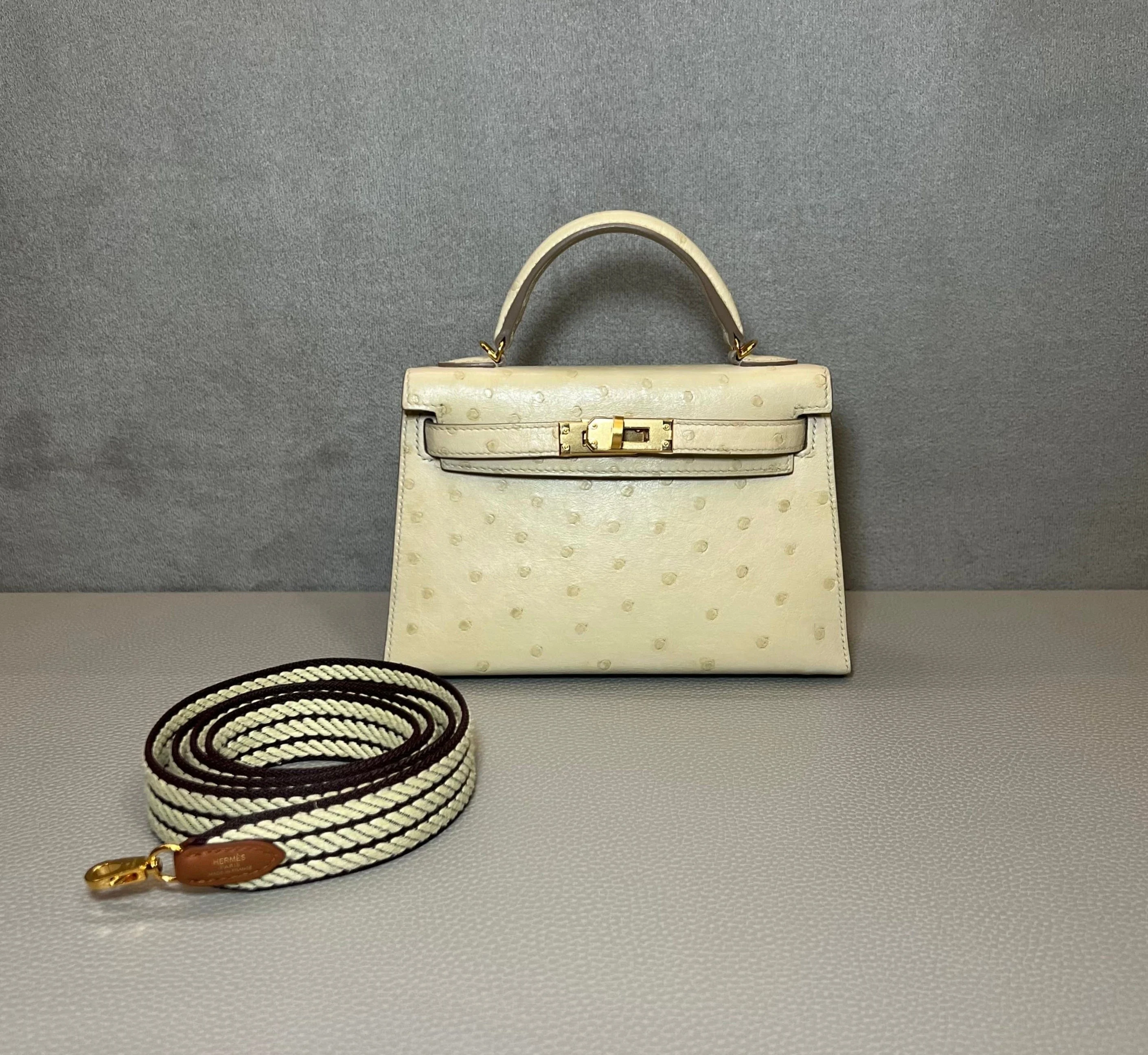 Hermès Beton / Craie Mini Kelly Sellier 20 Ostrich Gold Hardware - Image 3