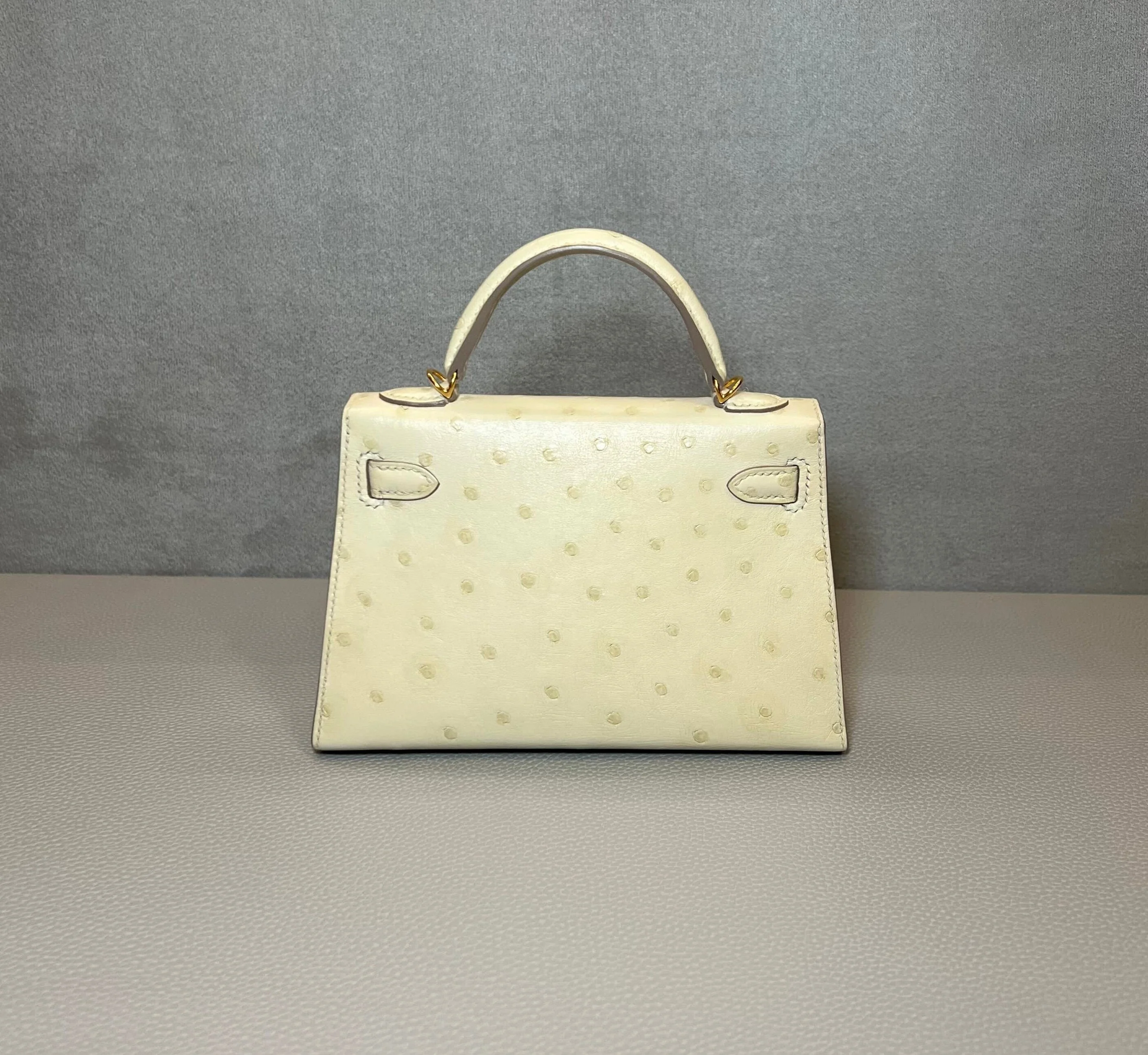 Hermès Beton / Craie Mini Kelly Sellier 20 Ostrich Gold Hardware - Image 4
