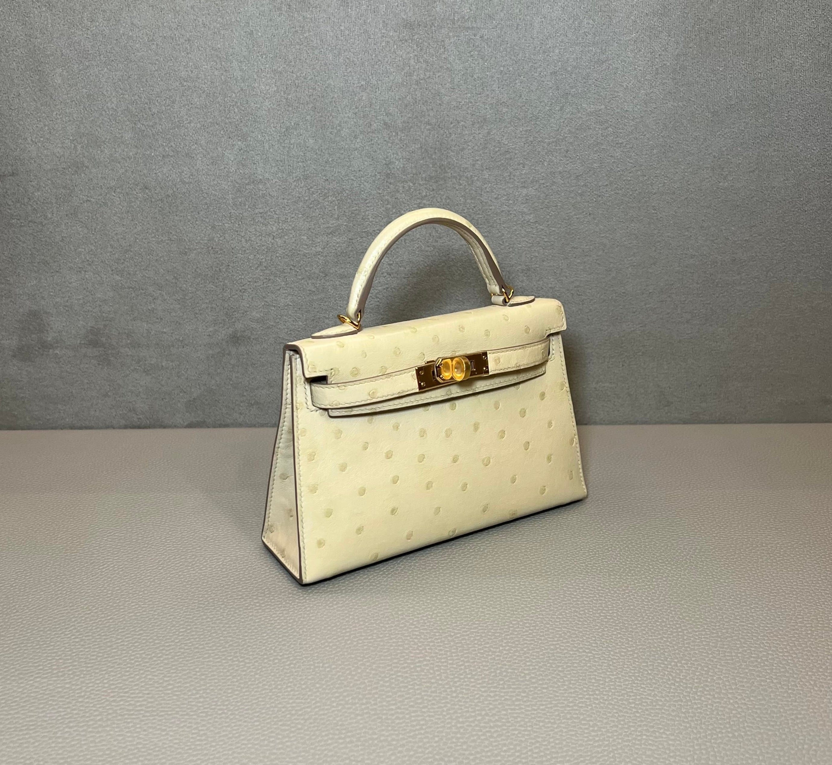 Hermès Beton / Craie Mini Kelly Sellier 20 Ostrich Gold Hardware - Image 5