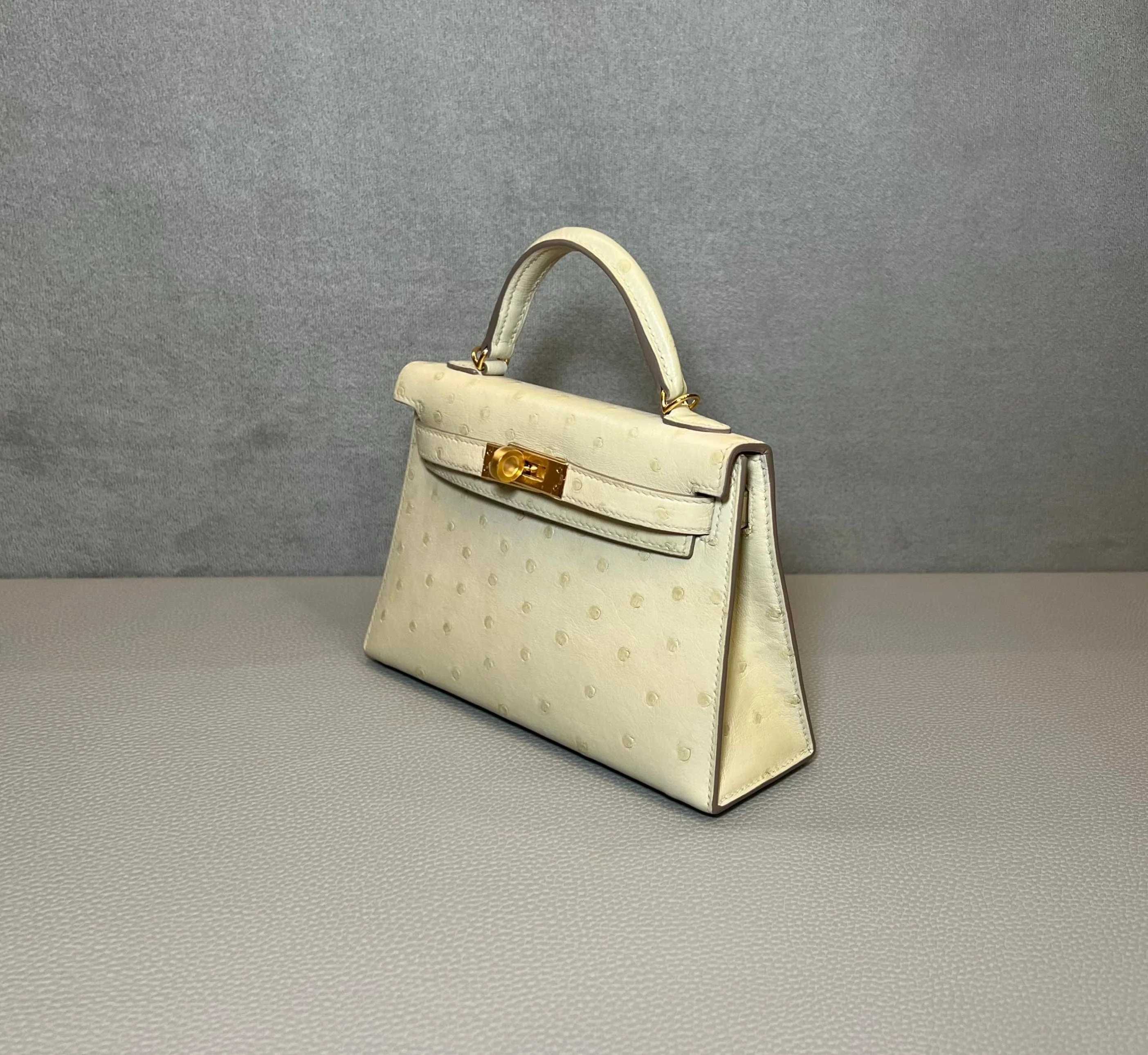 Hermès Beton / Craie Mini Kelly Sellier 20 Ostrich Gold Hardware - Image 6