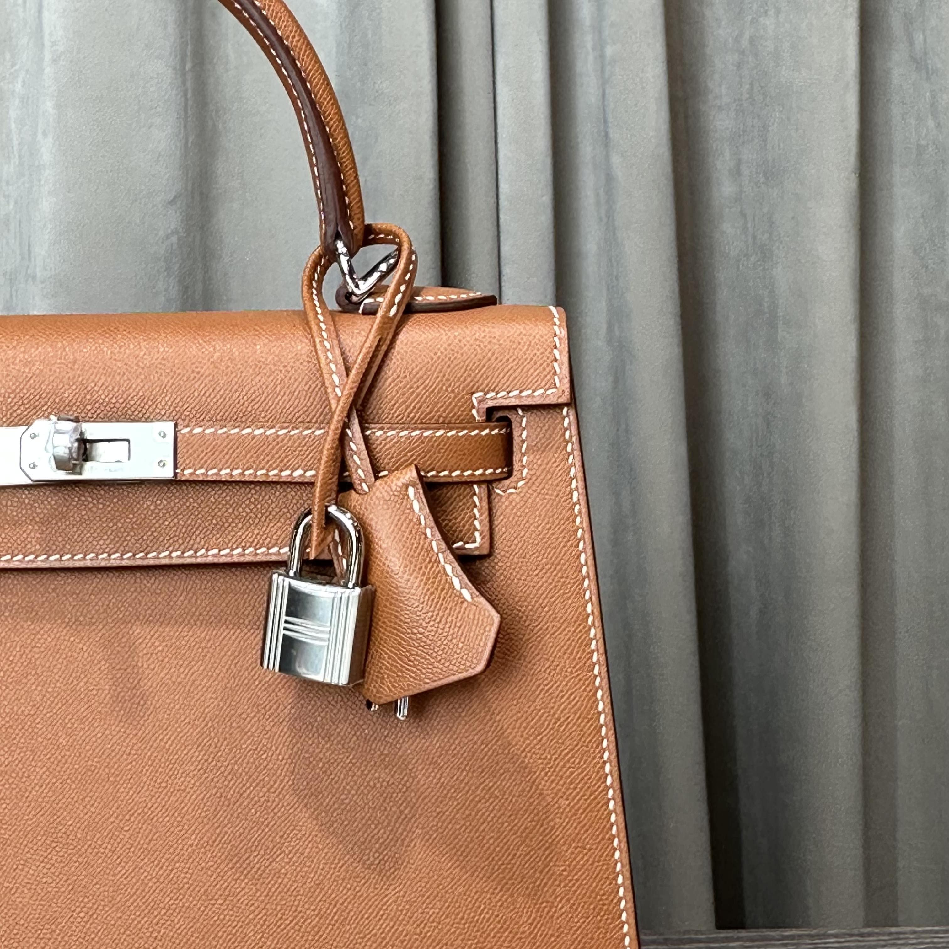 Hermès Gold and Bleu Petrole Kelly Sellier 25 Verso Madame Calfskin Palladium Hardware - Image 5