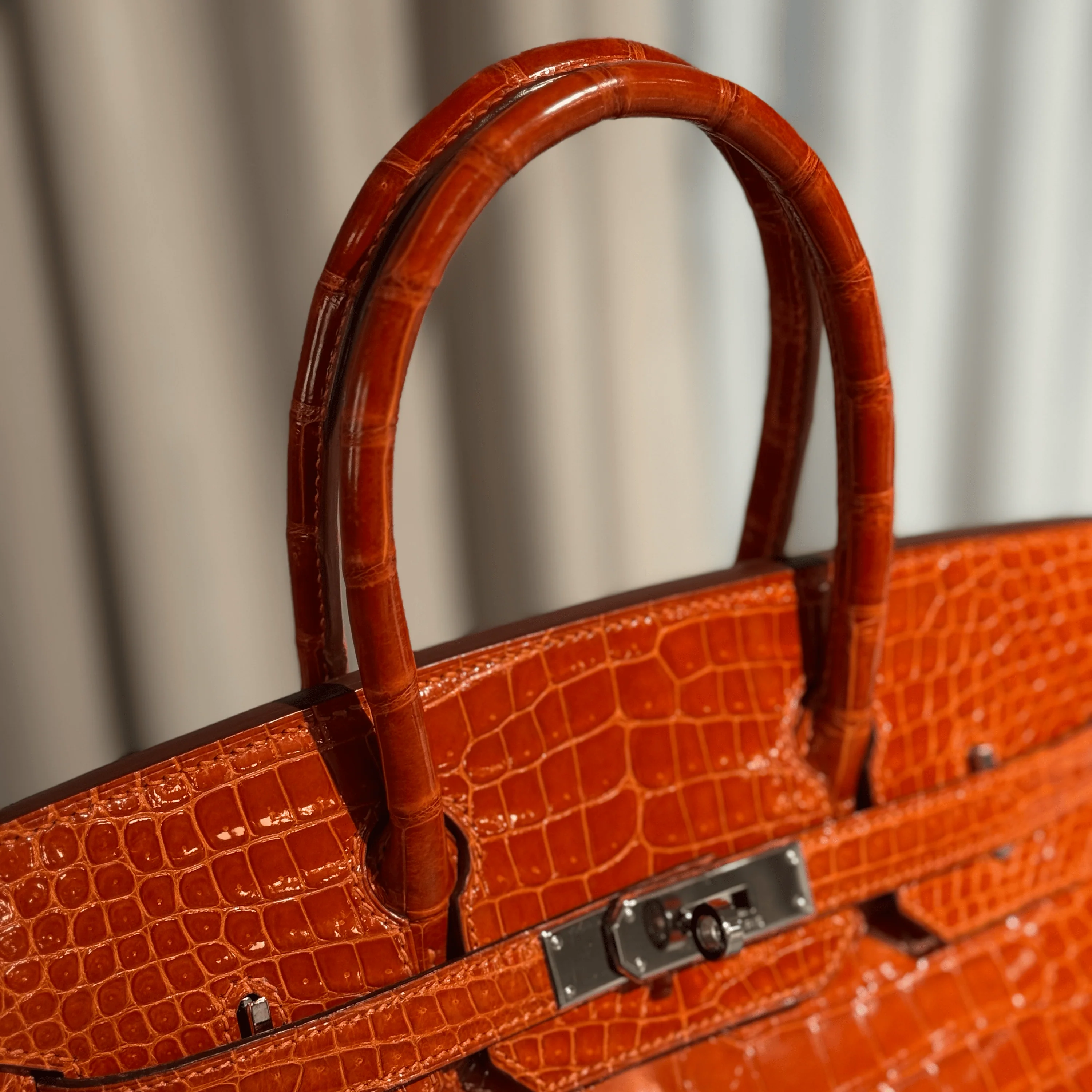 Hermès Orange Birkin 30 Shiny Porosus Crocodile Palladium Hardware - Image 7