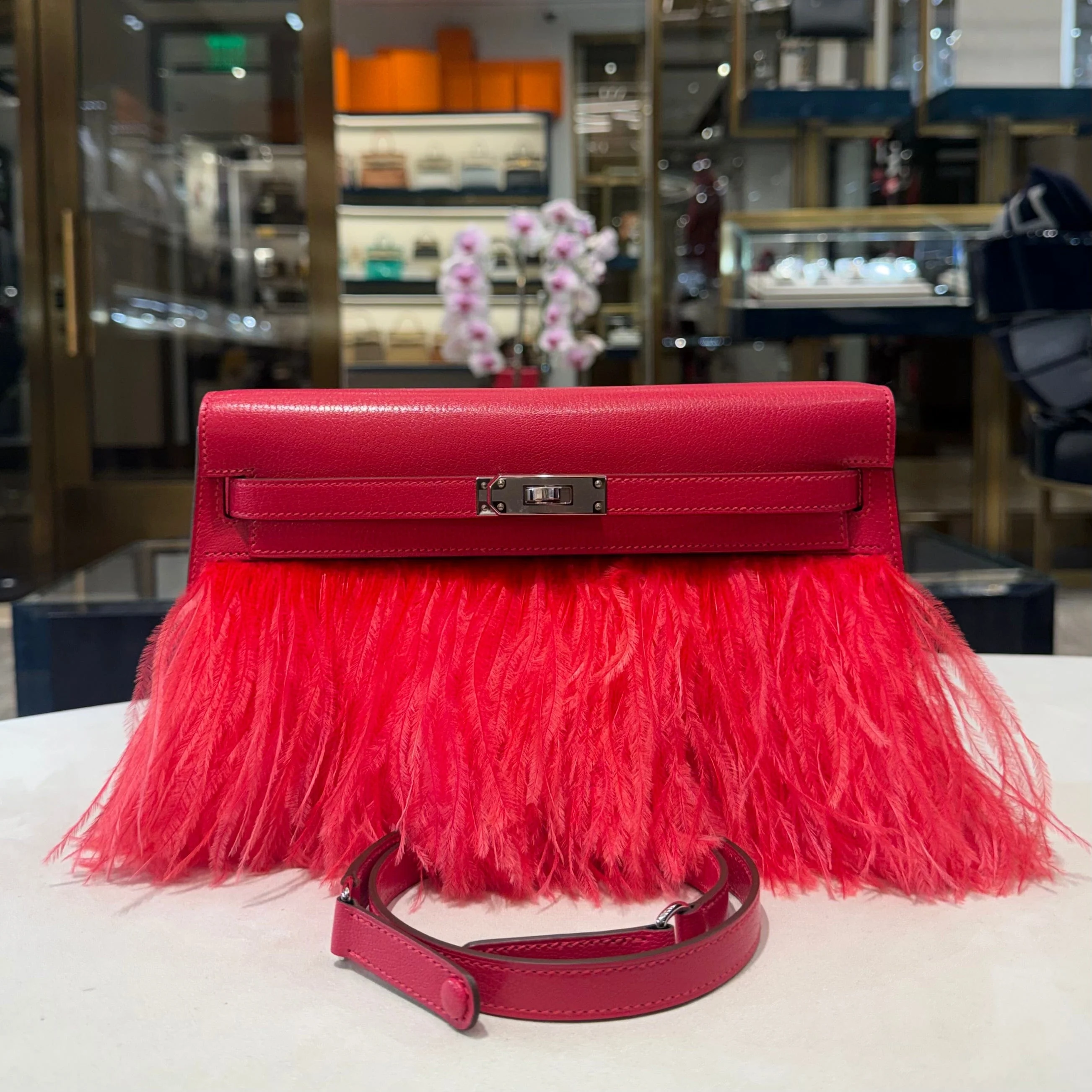 Hermès Rose Extreme Kelly Elan Folie Chamkila Ostrich Feathers Palladium Hardware - Image 2