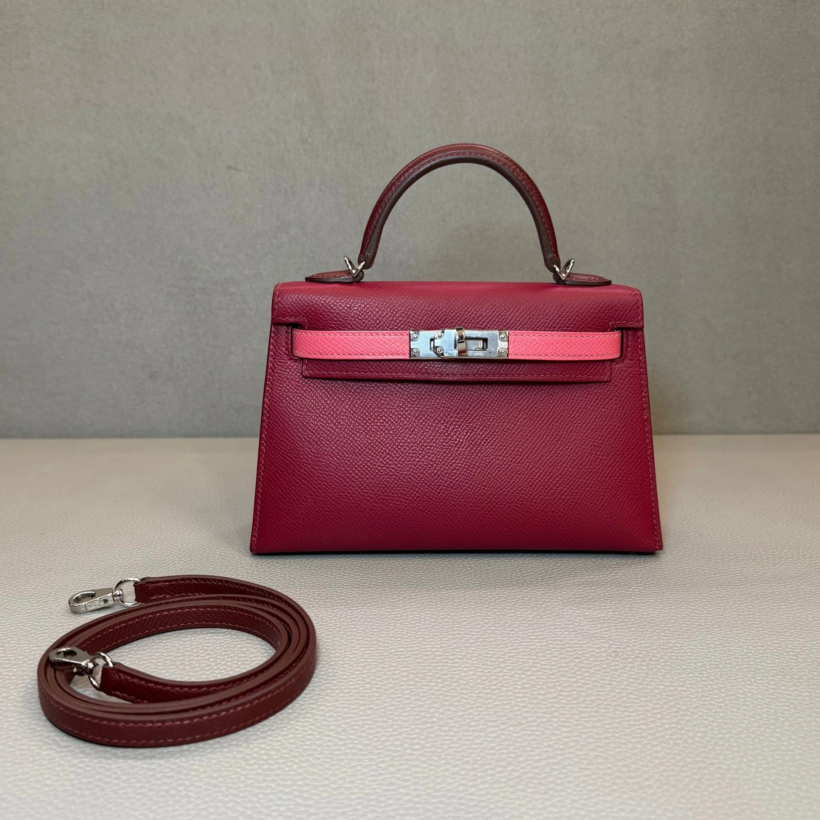 Hermès Rubis Rose Azalee Rouge Mini Kelly Sellier 20 Tricolore Epsom Palladium Hardware - Image 2