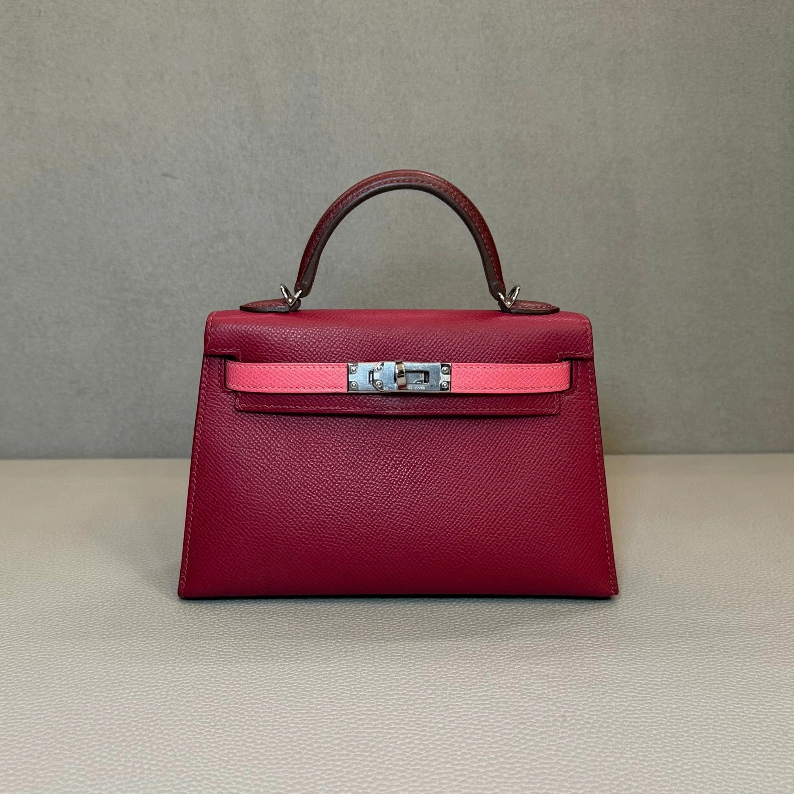 Hermès Rubis Rose Azalee Rouge Mini Kelly Sellier 20 Tricolore Epsom Palladium Hardware - Image 3