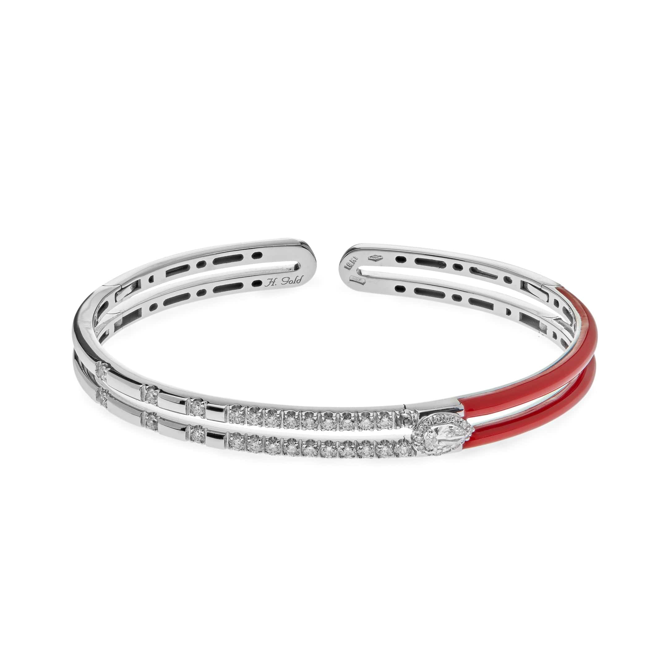 White Gold and Red Enamel Diamond Double Bangle