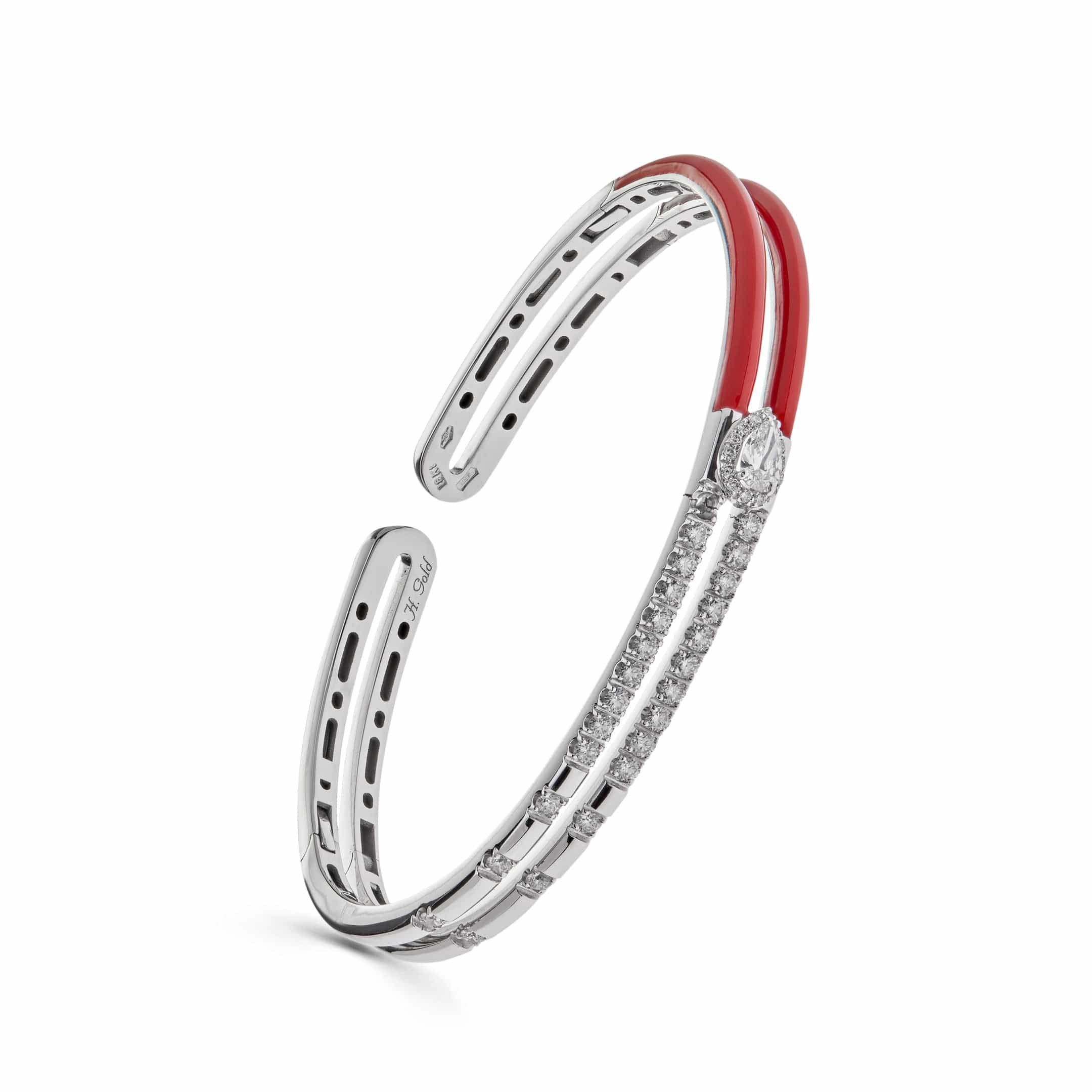 White Gold and Red Enamel Diamond Double Bangle - Image 3