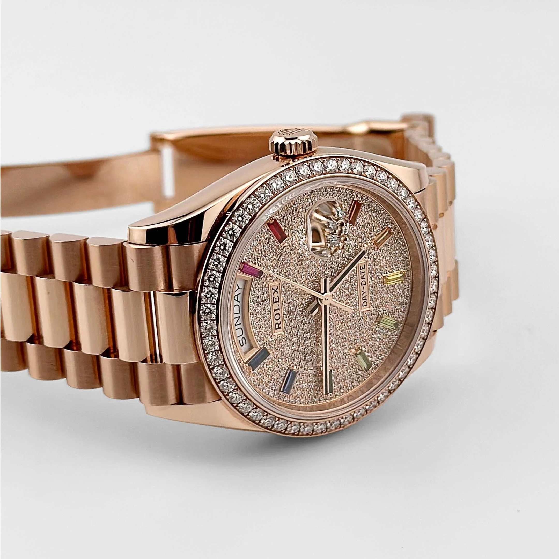 Rolex Day-Date 36 128345RBR Rose Gold Rainbow Diamond Pave Dial Diamond Bezel (2025) - Image 4