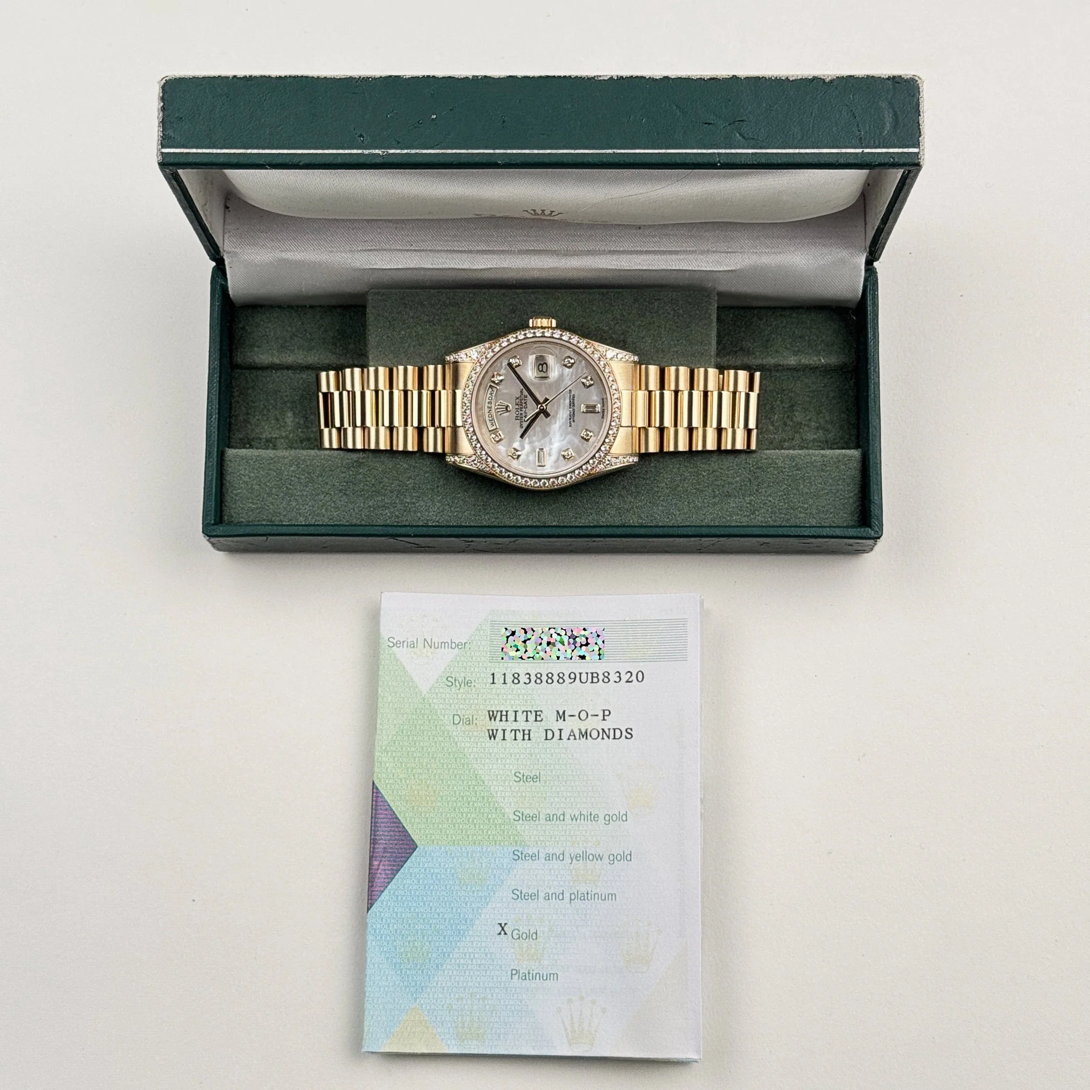 Rolex Day-Date 118388 Yellow Gold White Mother of Pearl Dial Diamond Bezel (2008) - Image 13