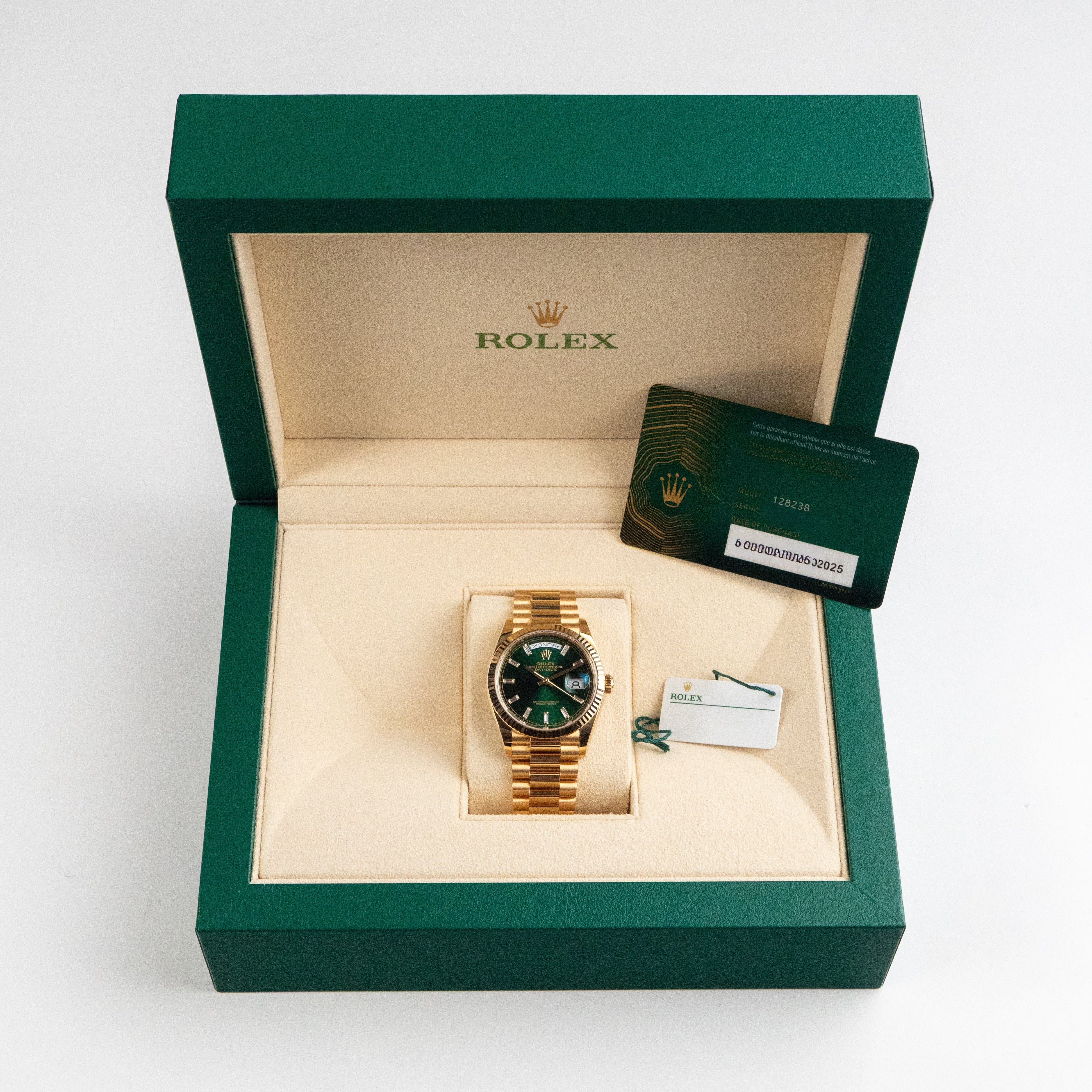 Rolex Day-Date 36 128238 Yellow Gold Green Diamond Baguette Dial (2025) - Image 13