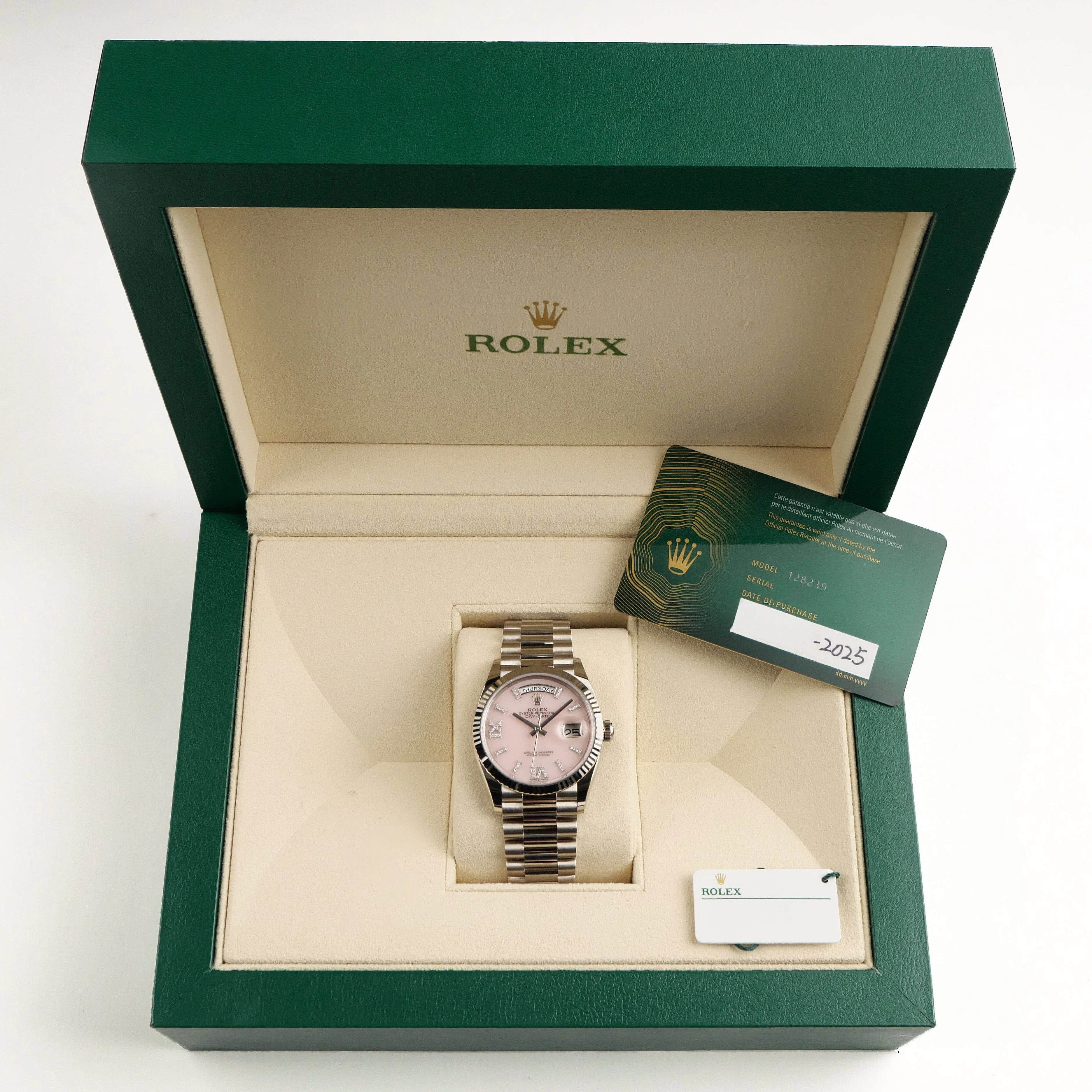 Rolex Day-Date 36 128239 White Gold Pink Opal Diamond Roman Numerals Dial (2025) - Image 17
