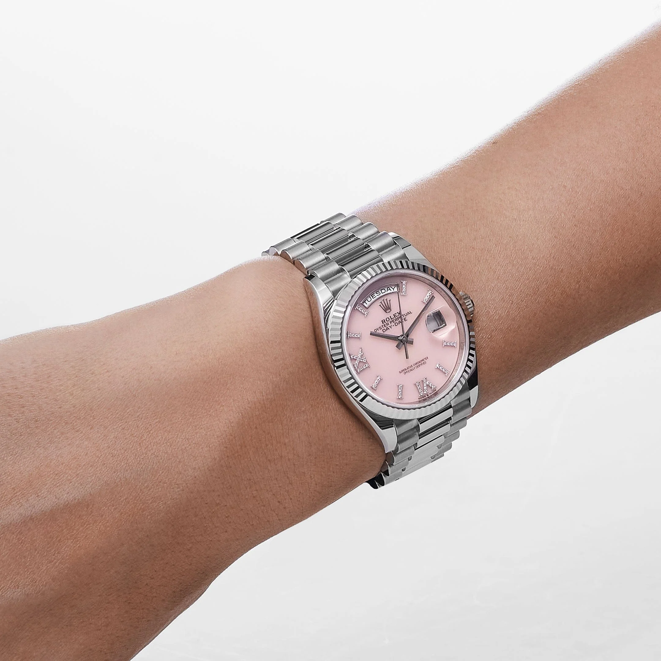 Rolex Day-Date 36 128239 White Gold Pink Opal Diamond Roman Numerals Dial (2025) - Image 2