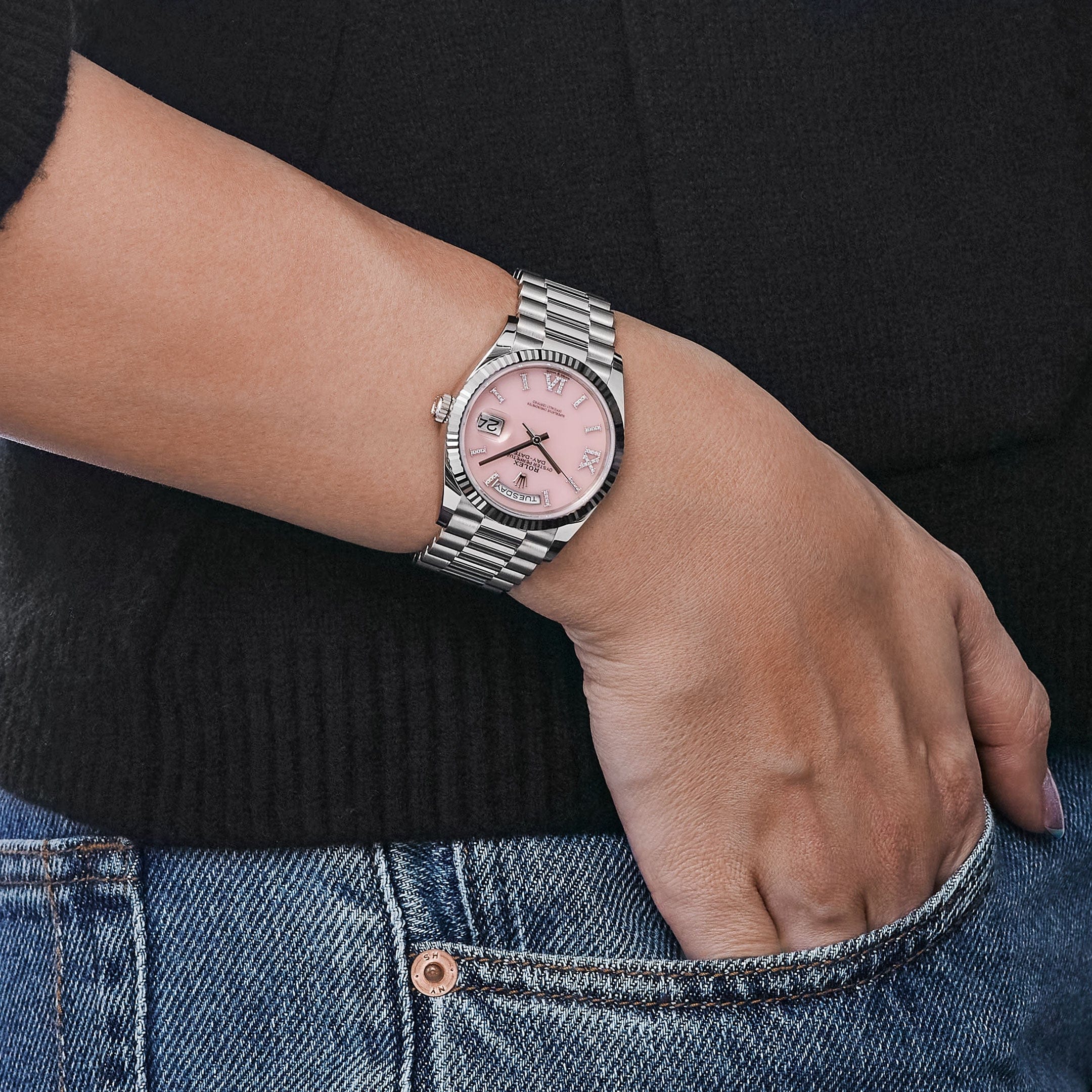 Rolex Day-Date 36 128239 White Gold Pink Opal Diamond Roman Numerals Dial (2025) - Image 3