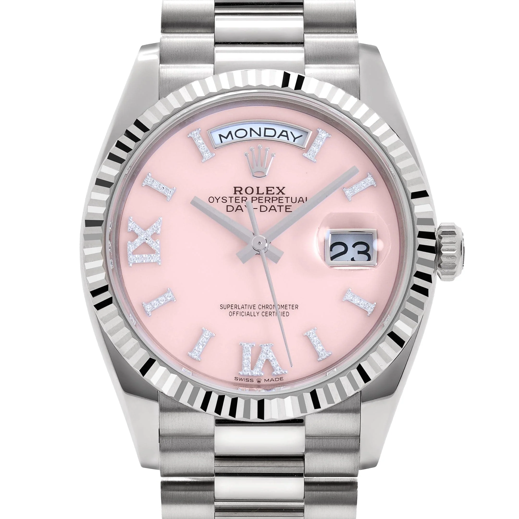 Rolex Day-Date 36 128239 White Gold Pink Opal Diamond Roman Numerals Dial (2025) - Image 4