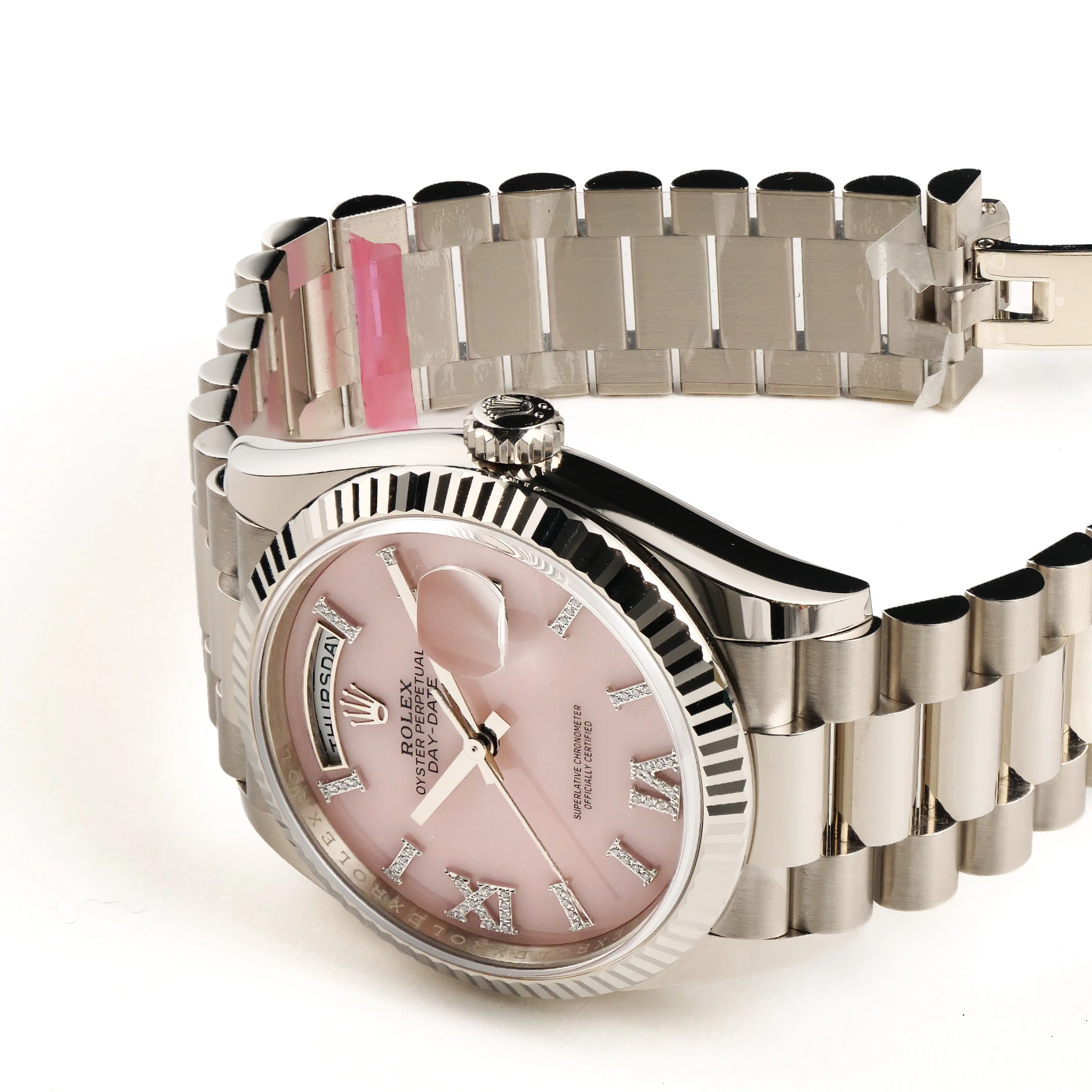 Rolex Day-Date 36 128239 White Gold Pink Opal Diamond Roman Numerals Dial (2025) - Image 6