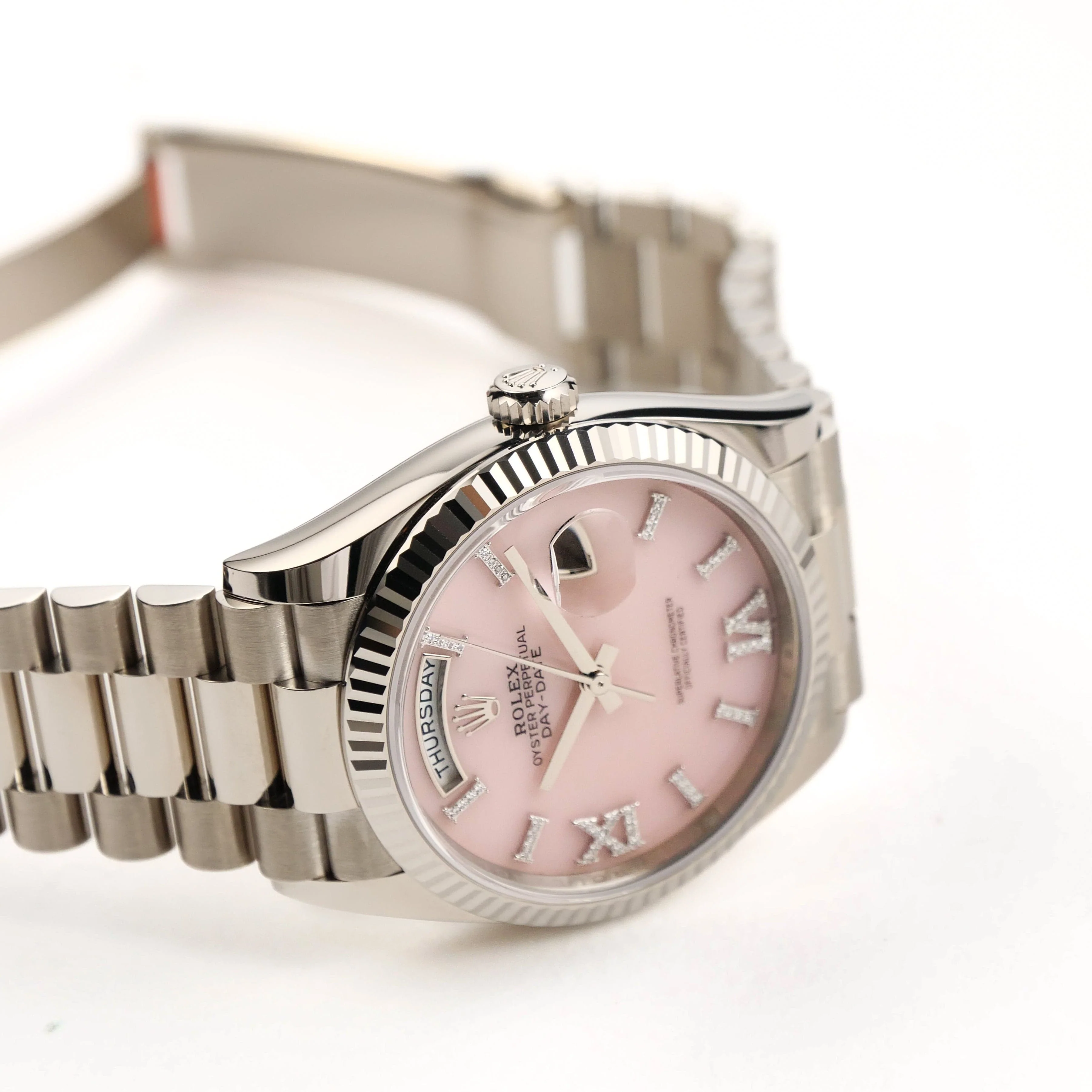 Rolex Day-Date 36 128239 White Gold Pink Opal Diamond Roman Numerals Dial (2025) - Image 7