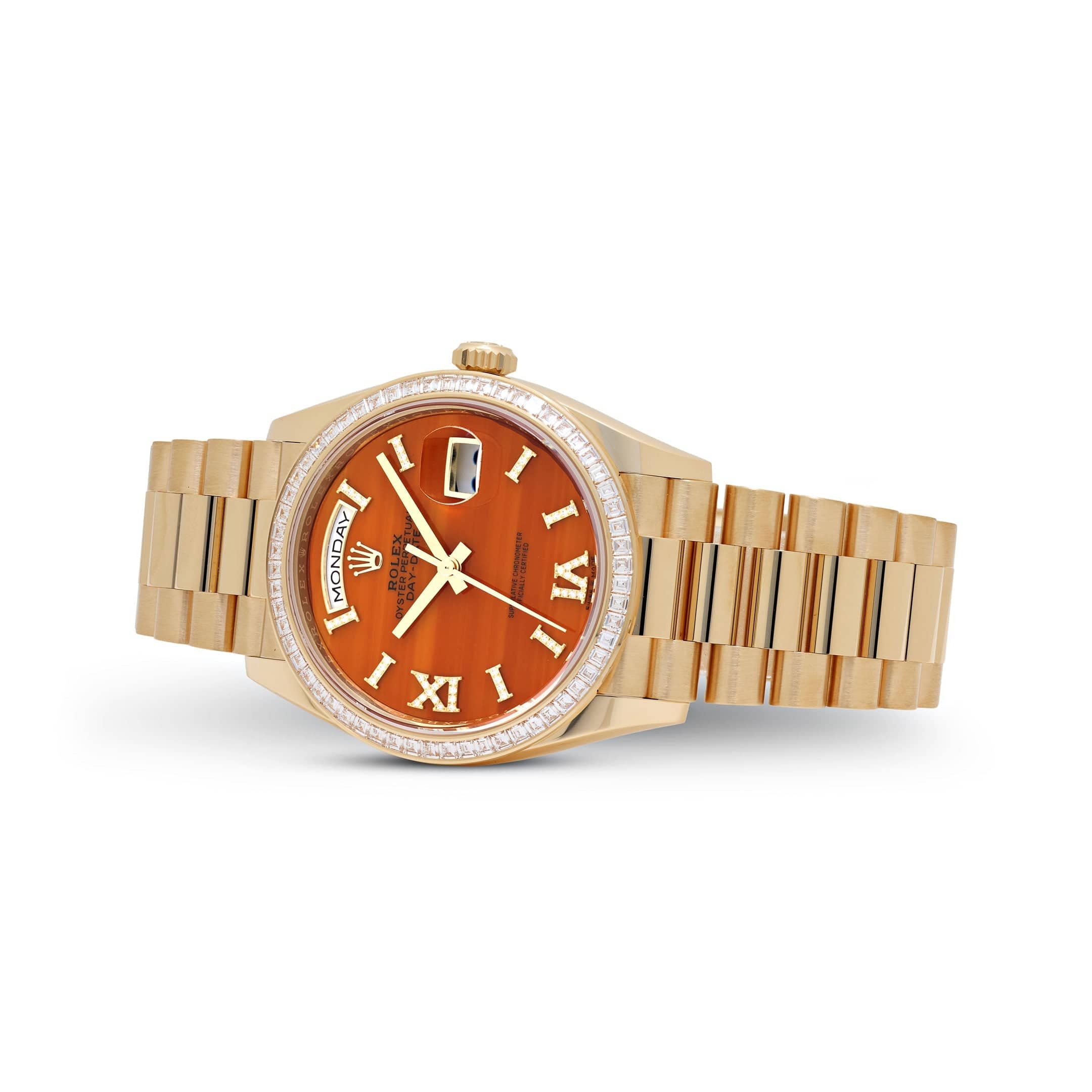 Rolex Day-Date 36 128398TBR Yellow Gold Carnelian Diamond Roman Numerals Dial Diamond Bezel - Image 4