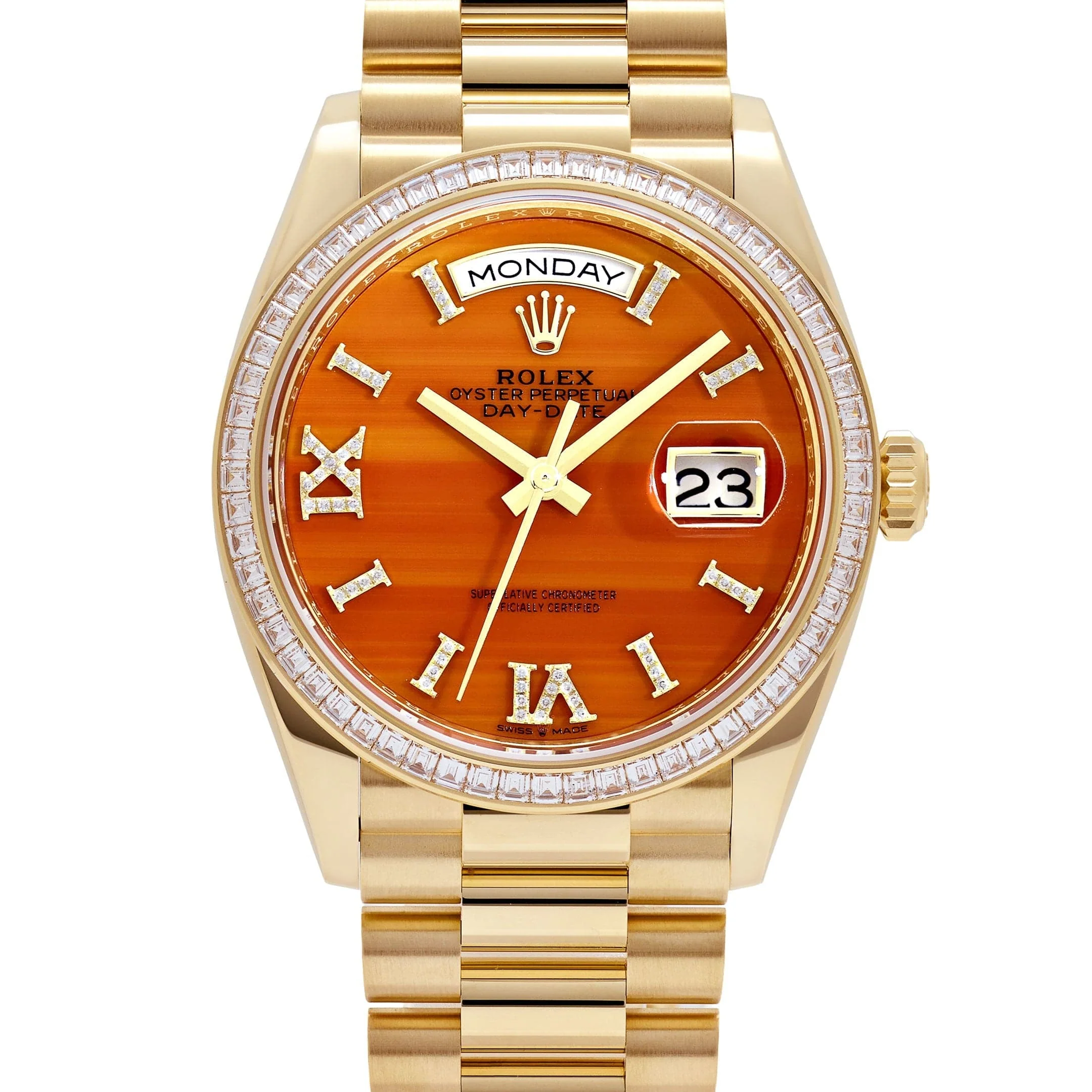 Rolex Day-Date 36 128398TBR Yellow Gold Carnelian Diamond Roman Numerals Dial Diamond Bezel - Image 5