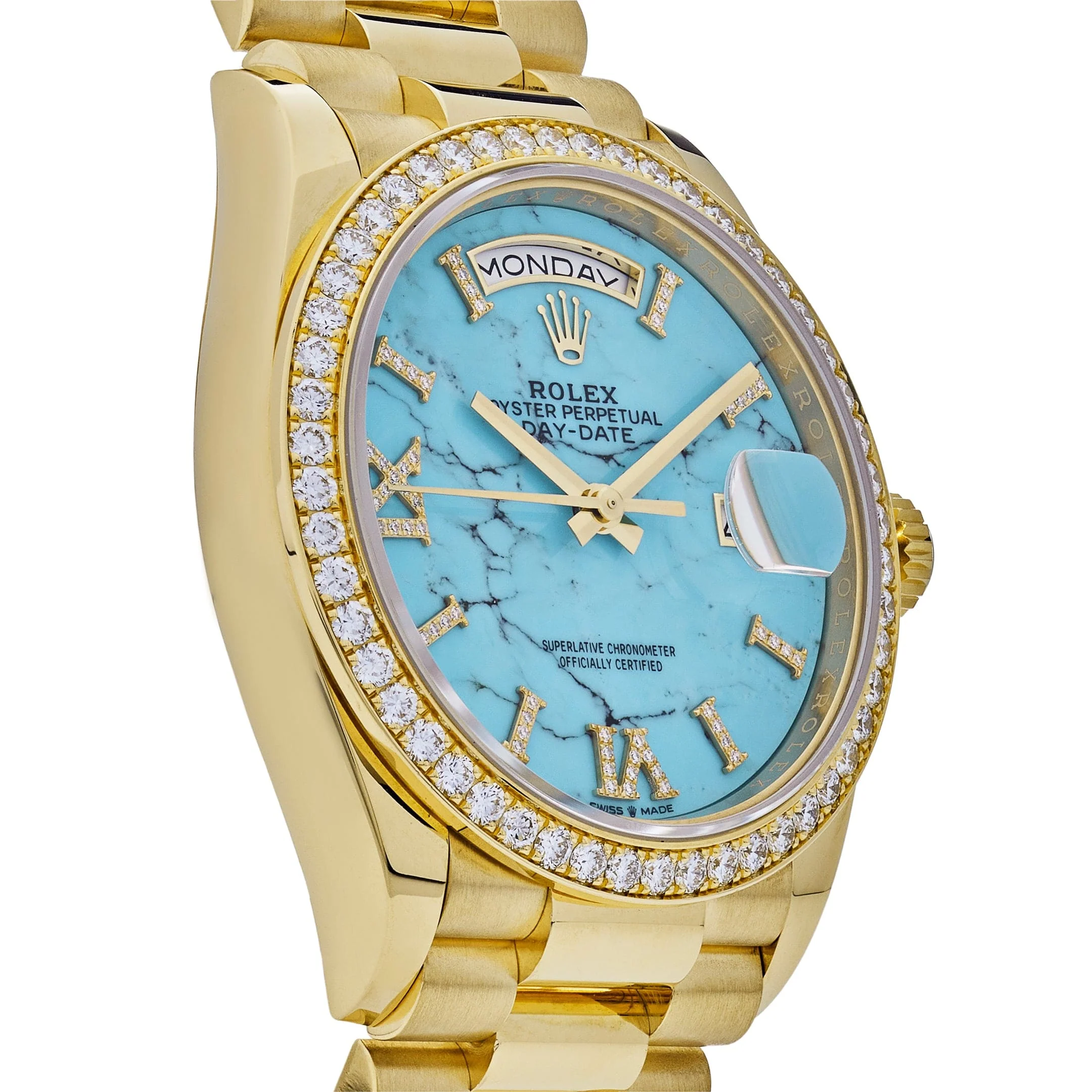 Rolex Day-Date 36 128348RBR Yellow Gold Diamond Bezel Turquoise Diamond Dial - Image 3