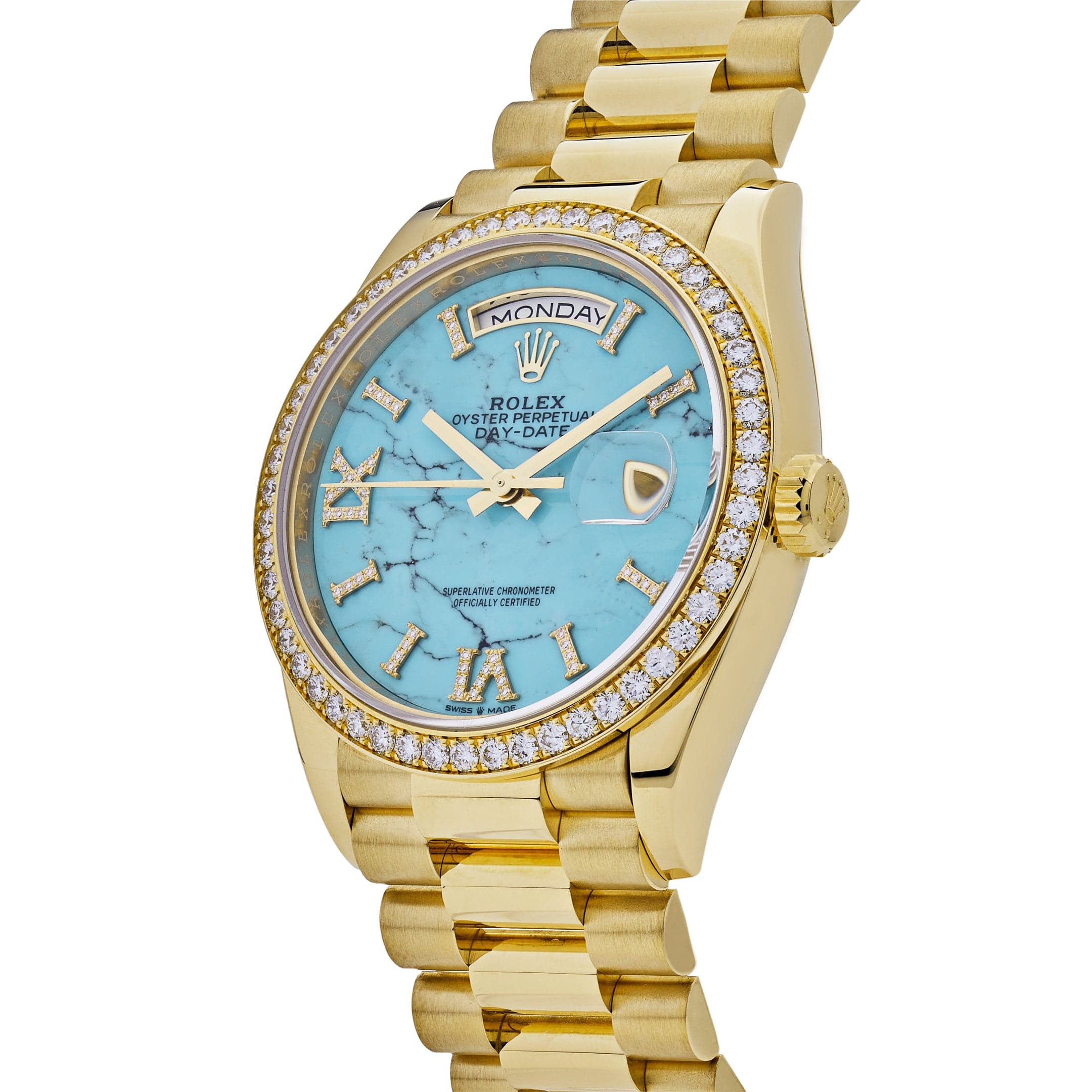 Rolex Day-Date 36 128348RBR Yellow Gold Diamond Bezel Turquoise Diamond Dial - Image 4
