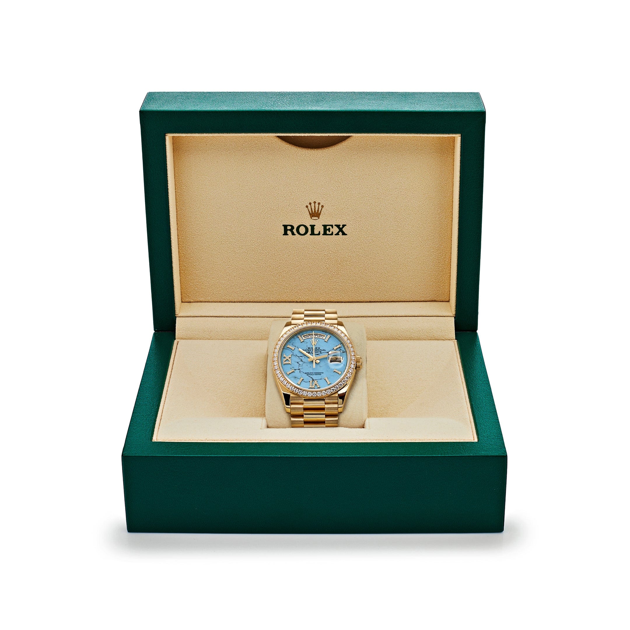 Rolex Day-Date 36 128348RBR Yellow Gold Diamond Bezel Turquoise Diamond Dial - Image 5