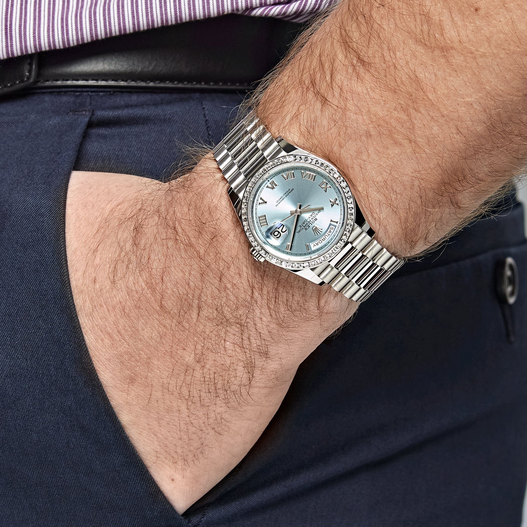 Rolex Day-Date 36 128396TBR Platinum Ice Blue Dial Diamond Bezel (2024) - Image 2