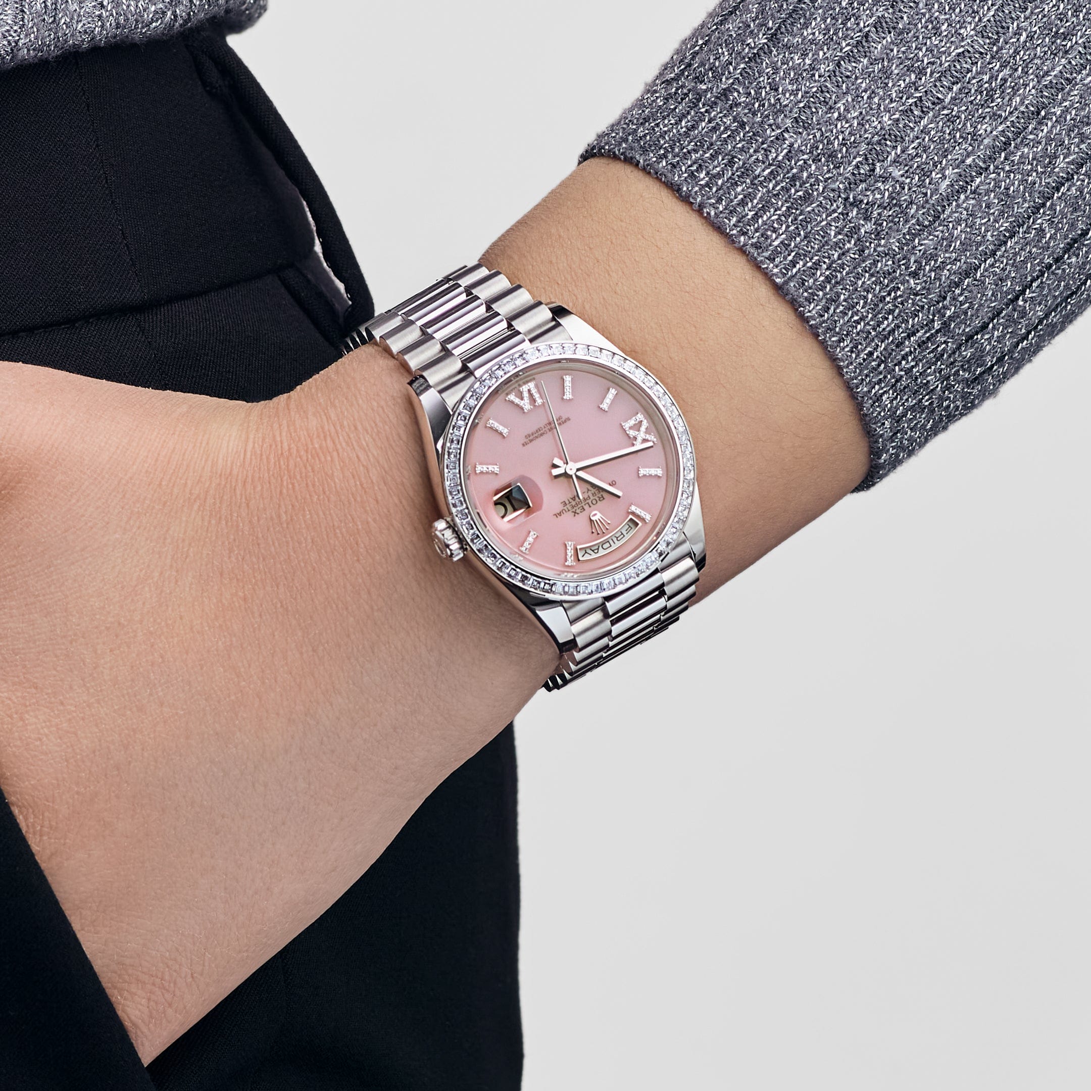Rolex Day-Date 36 128396TBR Platinum Pink Opal Diamond Roman Numerals Dial Diamond Bezel - Image 2