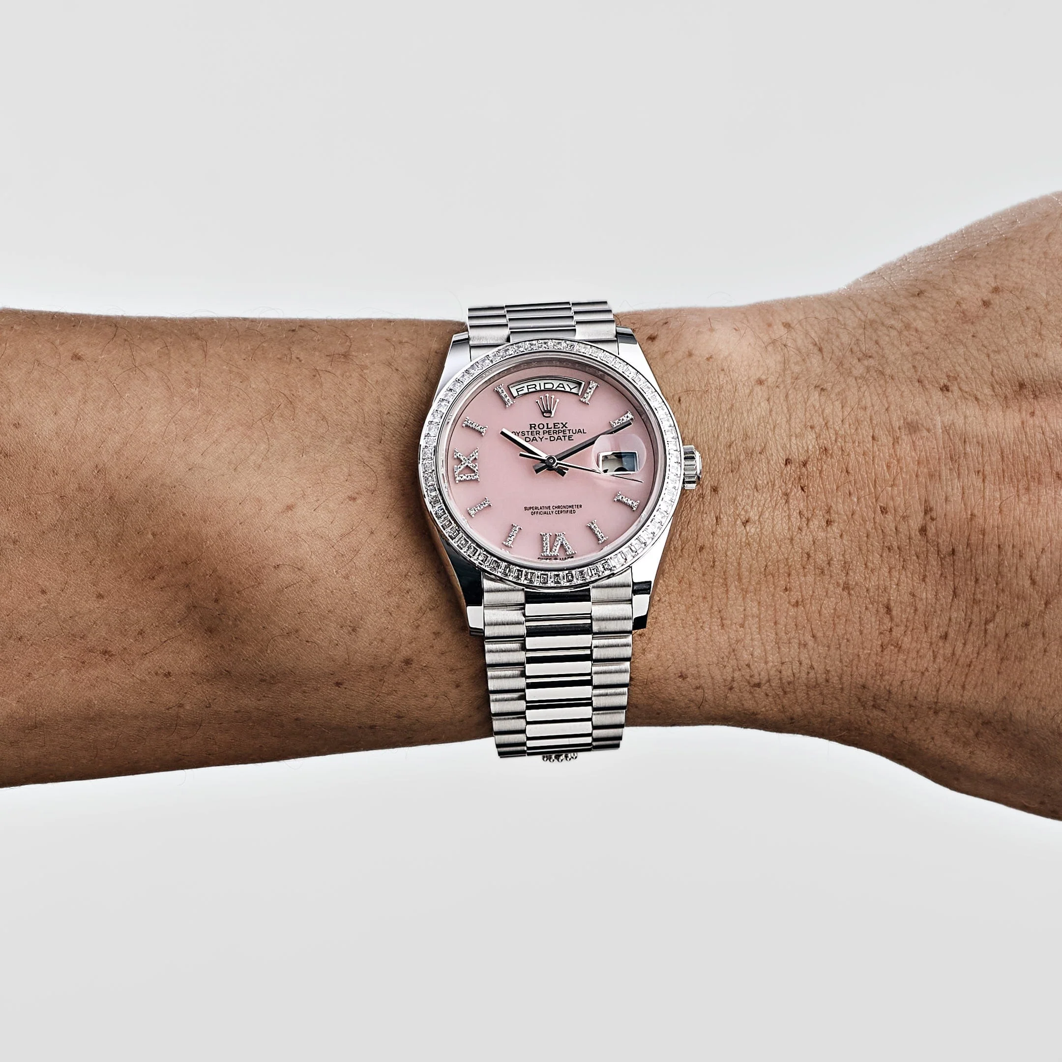 Rolex Day-Date 36 128396TBR Platinum Pink Opal Diamond Roman Numerals Dial Diamond Bezel - Image 3