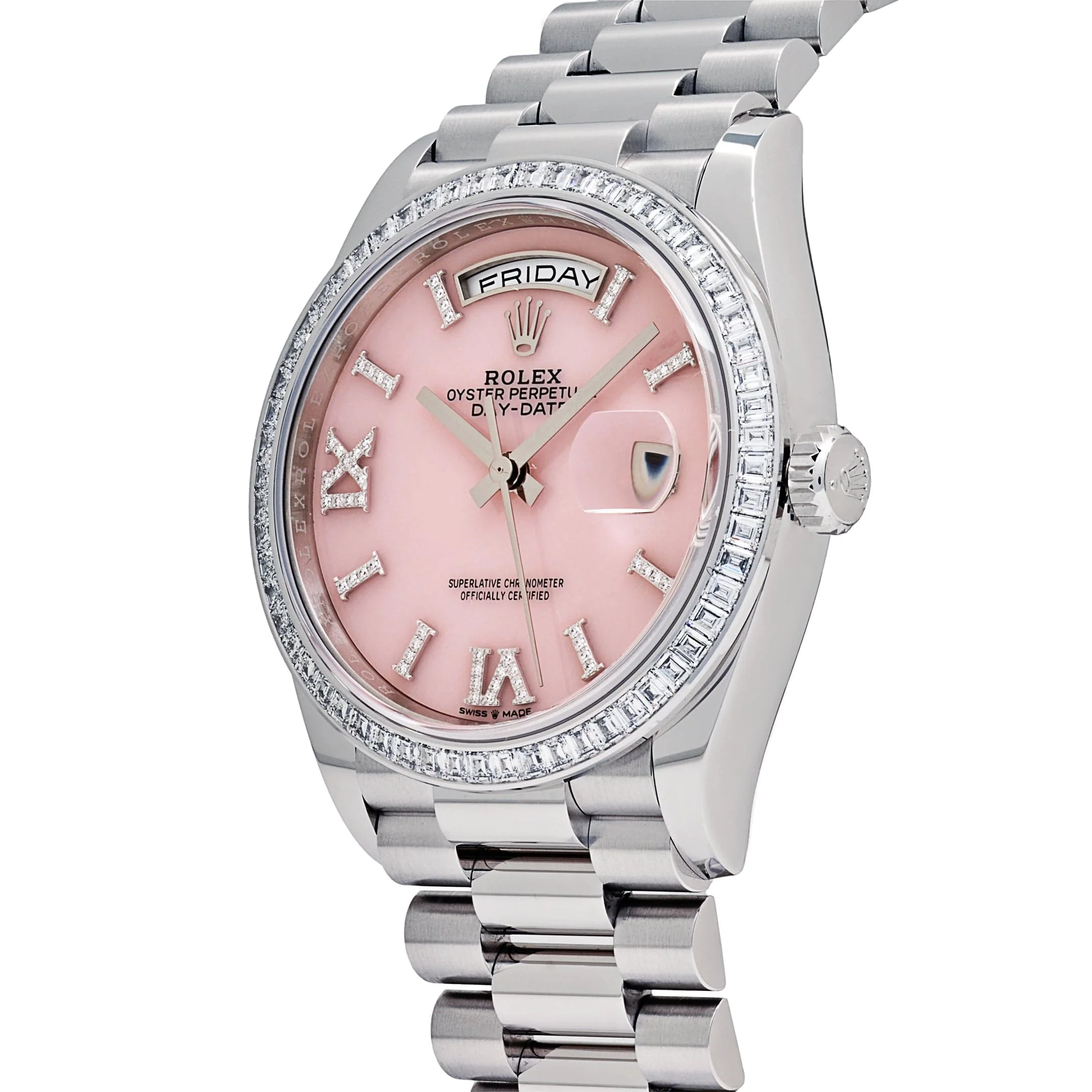 Rolex Day-Date 36 128396TBR Platinum Pink Opal Diamond Roman Numerals Dial Diamond Bezel - Image 4