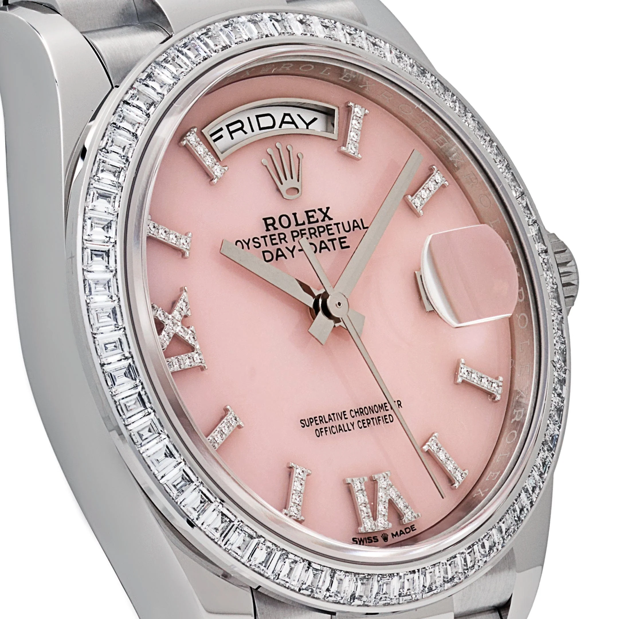 Rolex Day-Date 36 128396TBR Platinum Pink Opal Diamond Roman Numerals Dial Diamond Bezel - Image 6