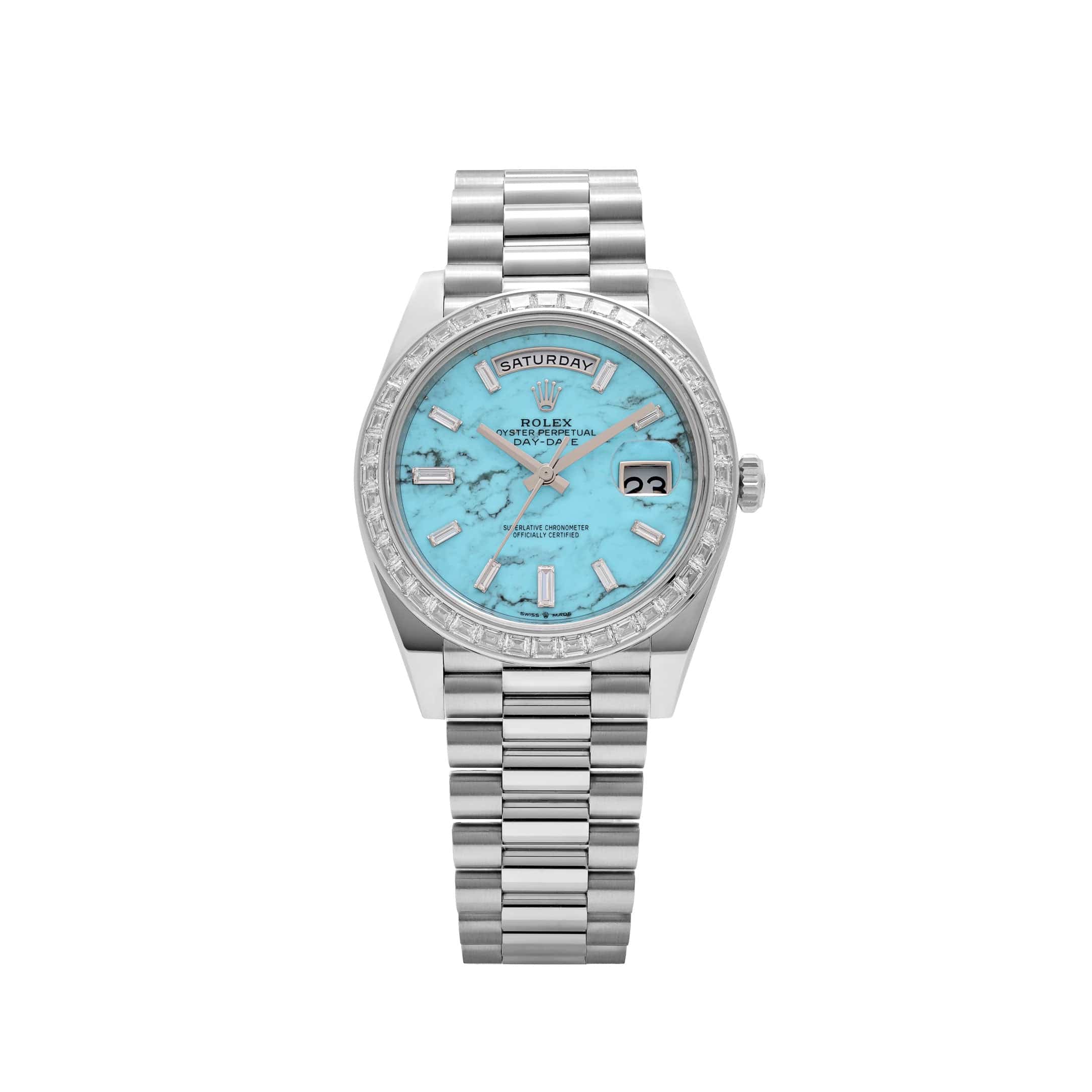 Rolex Day-Date 40 228396TBR Platinum Turquoise Stone Diamond Baguette Dial and Bezel (2025)