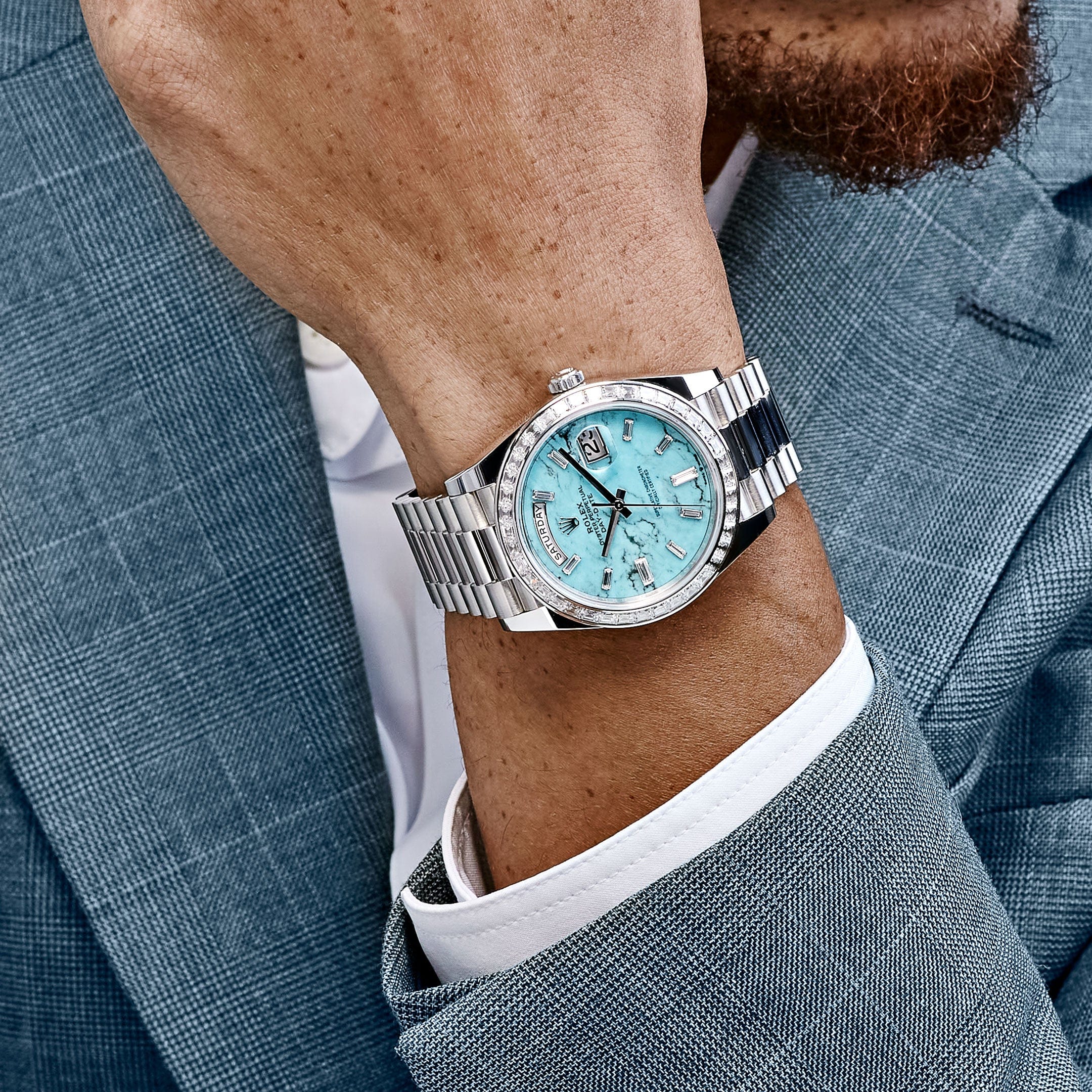 Rolex Day-Date 40 228396TBR Platinum Turquoise Stone Diamond Baguette Dial and Bezel (2025) - Image 2