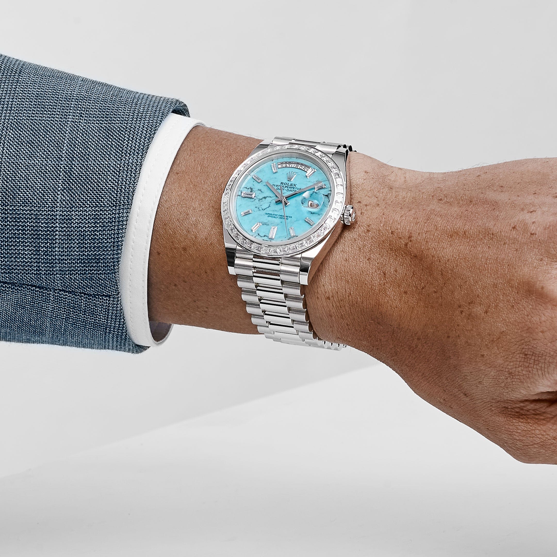 Rolex Day-Date 40 228396TBR Platinum Turquoise Stone Diamond Baguette Dial and Bezel (2025) - Image 3